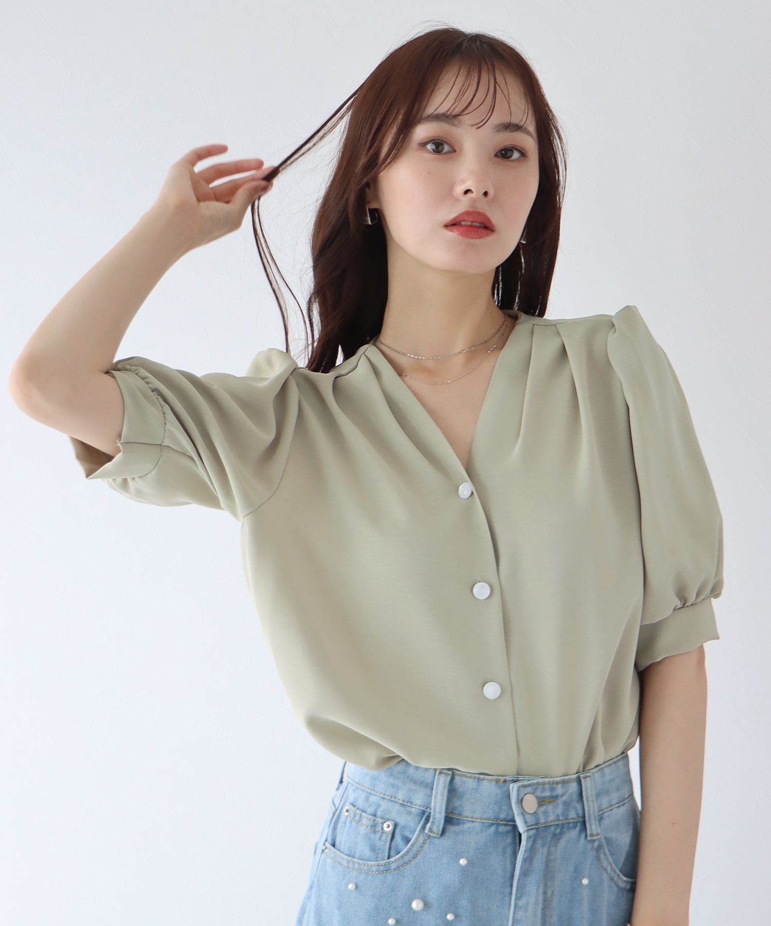 Blue East Pearl Dot Button Blouse