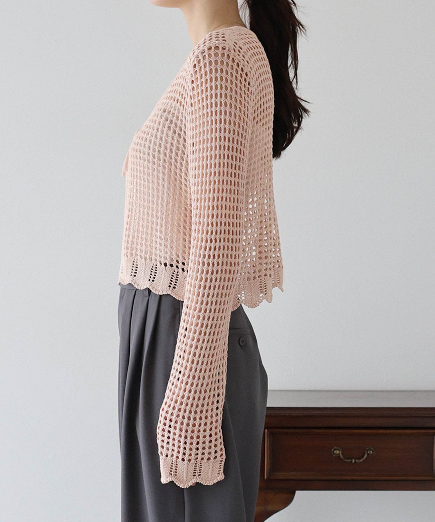 ブルーイースト BLUEEAST リボンメッシュニットカーディガン