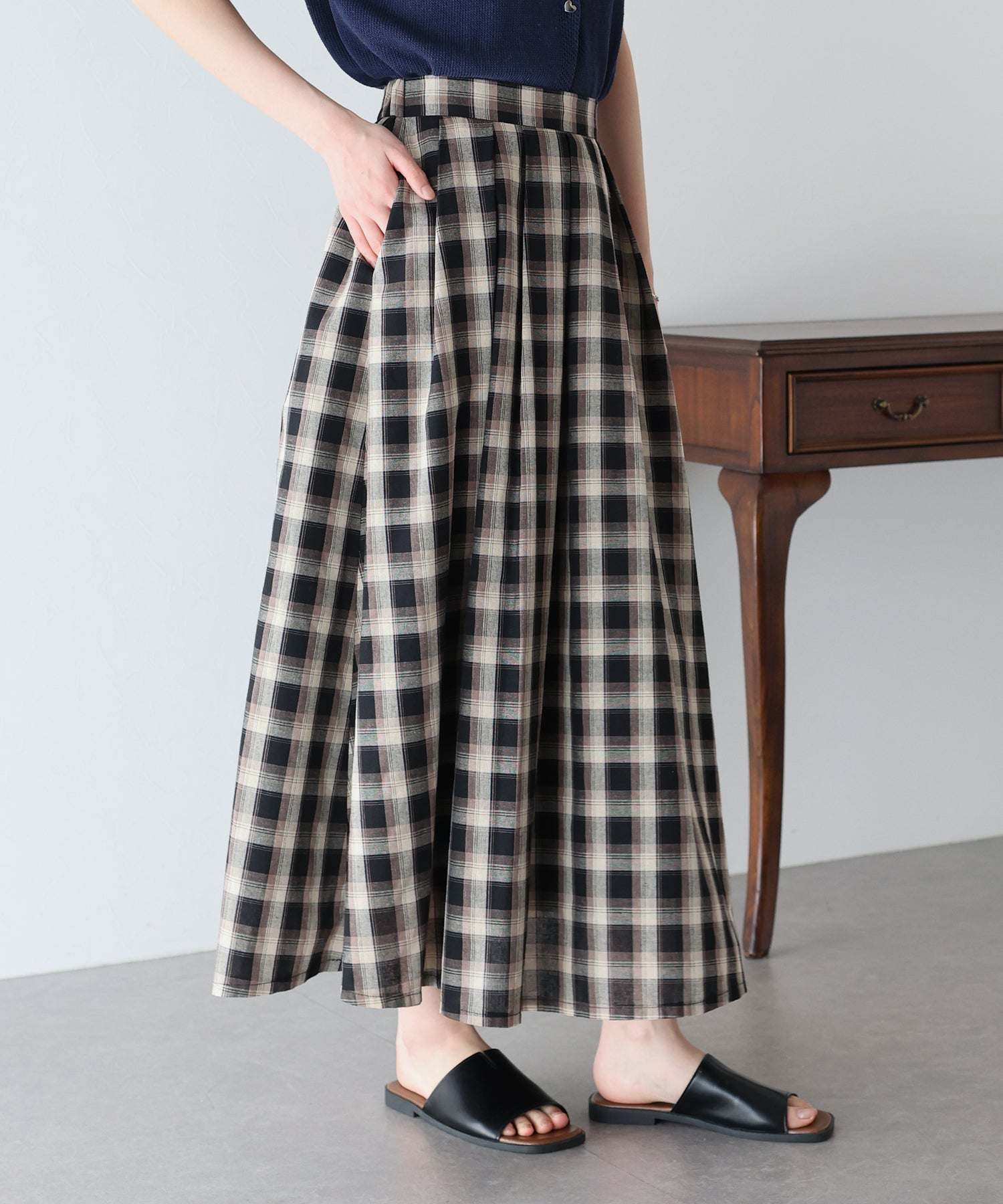 スカート blue rsp check skirt Blue East CHECK FLARE SKIRT