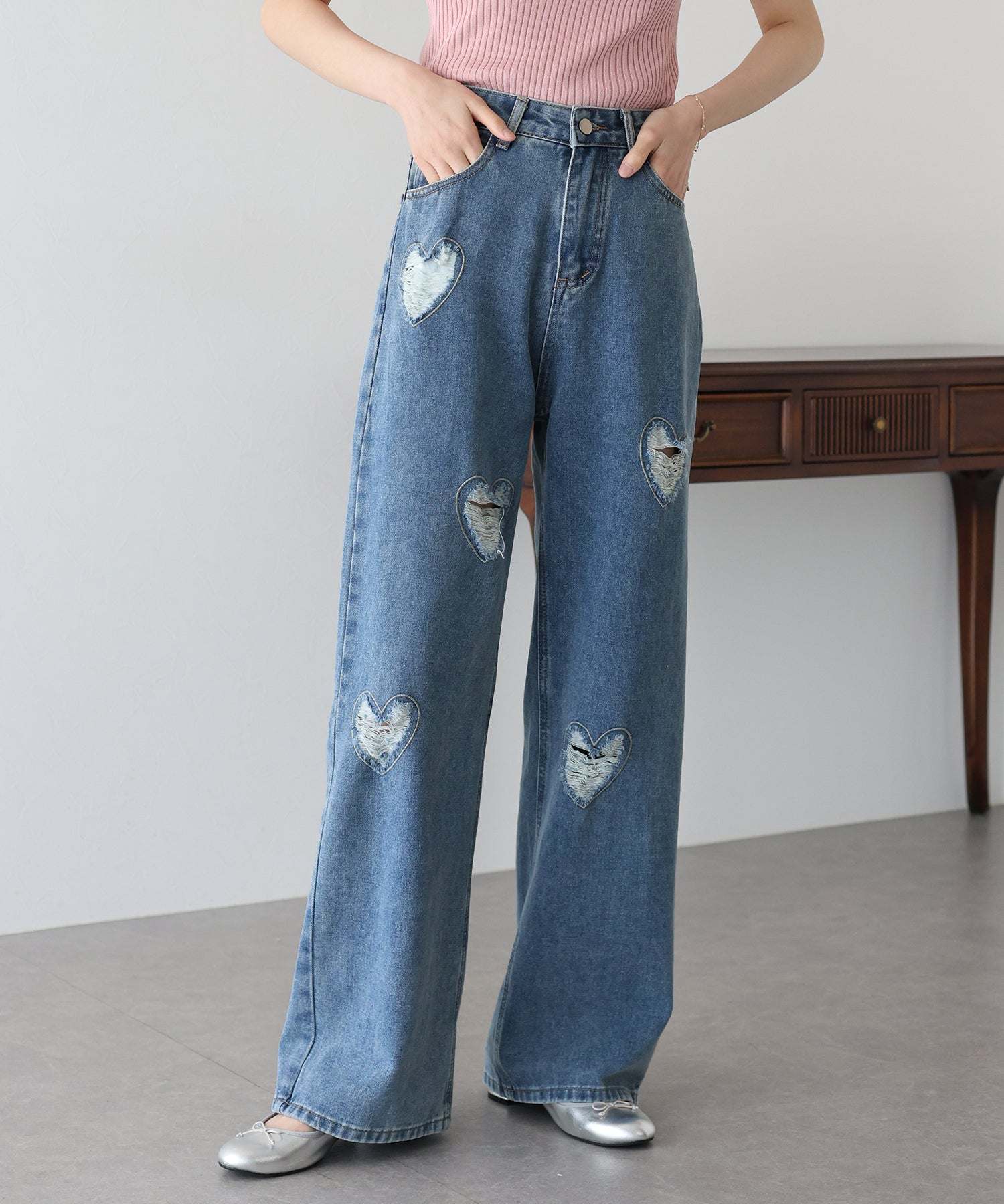 ブルーイースト BLUEEAST ハートダメージデニムパンツ （ブルー） ブルー