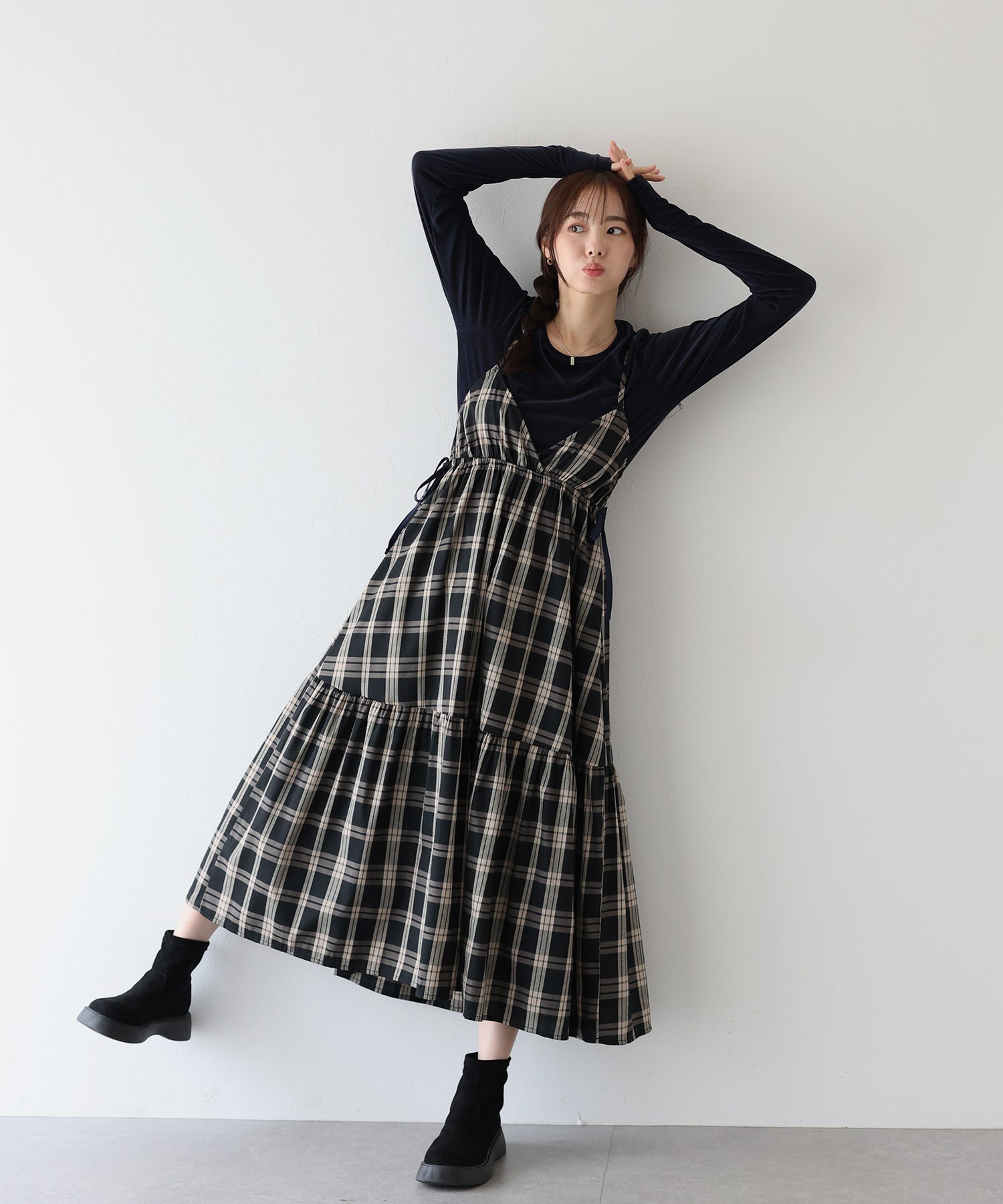 ブルーイースト BLUEEAST チェック柄サイドリボンキャミワンピース