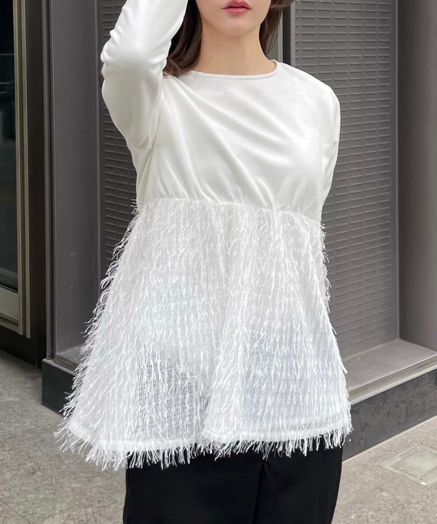 ボンジュールサガン BONJOUR SAGAN 切替フェザージャガードフリンジ長袖プルオーバー （OFF-WHITE） OFF-WHITE
