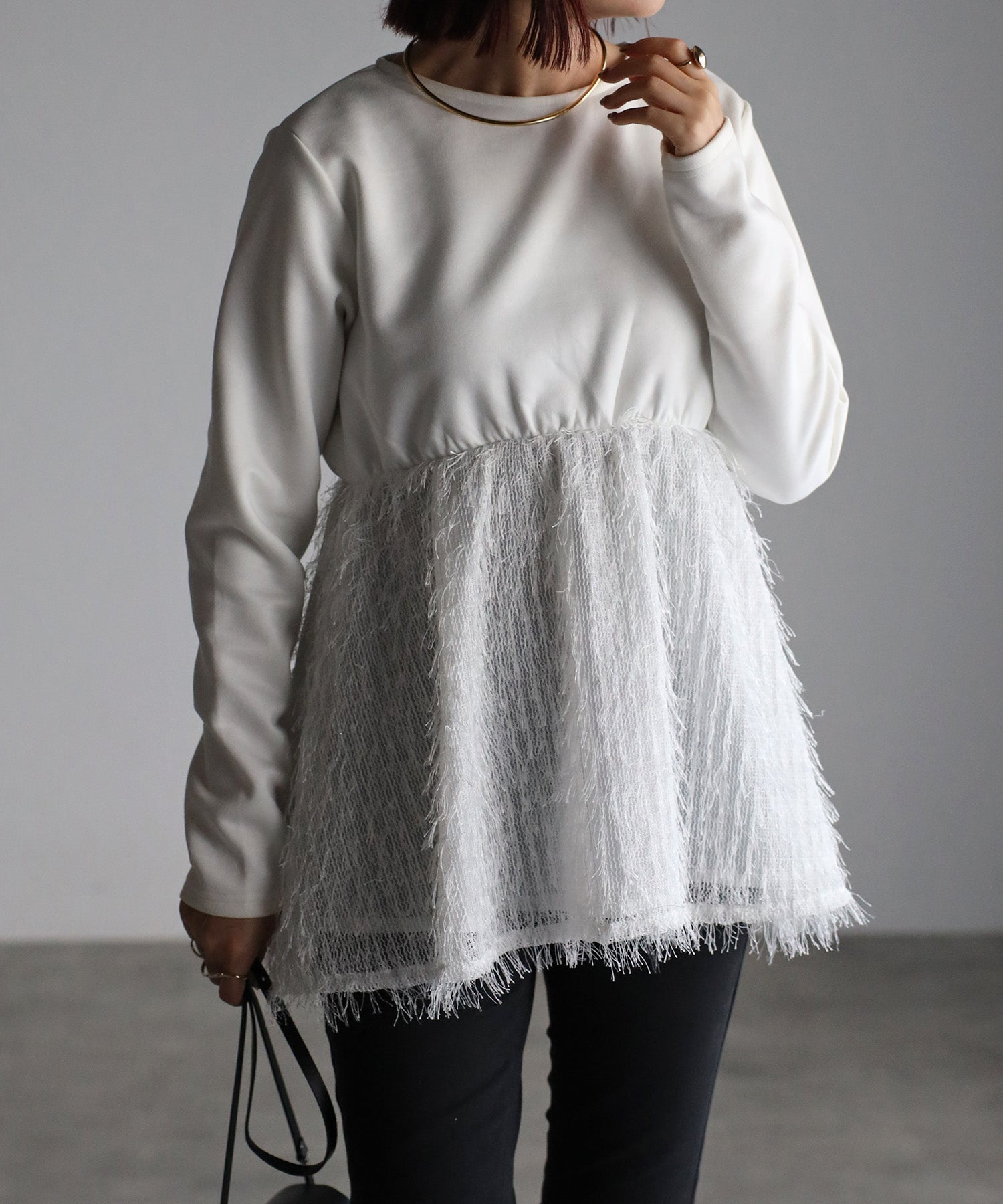 ボンジュールサガン BONJOUR SAGAN 切替フェザージャガードフリンジ長袖プルオーバー （OFF-WHITE） OFF-WHITE