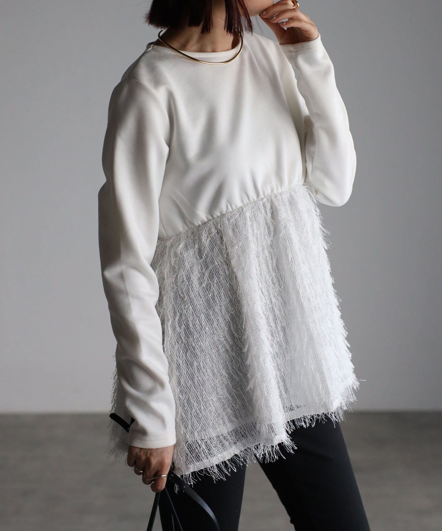 ボンジュールサガン BONJOUR SAGAN 切替フェザージャガードフリンジ長袖プルオーバー （OFF-WHITE） OFF-WHITE