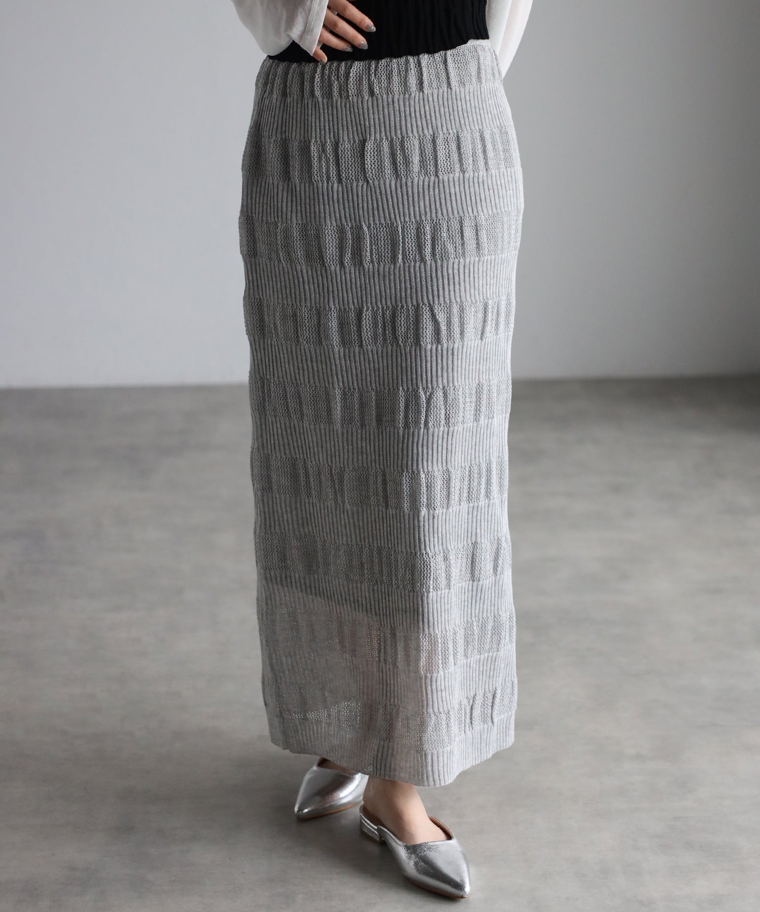 ボンジュールサガン BONJOUR SAGAN リブメッシュ編みIラインスカート （LIGHT-GRAY） LIGHT-GRAY