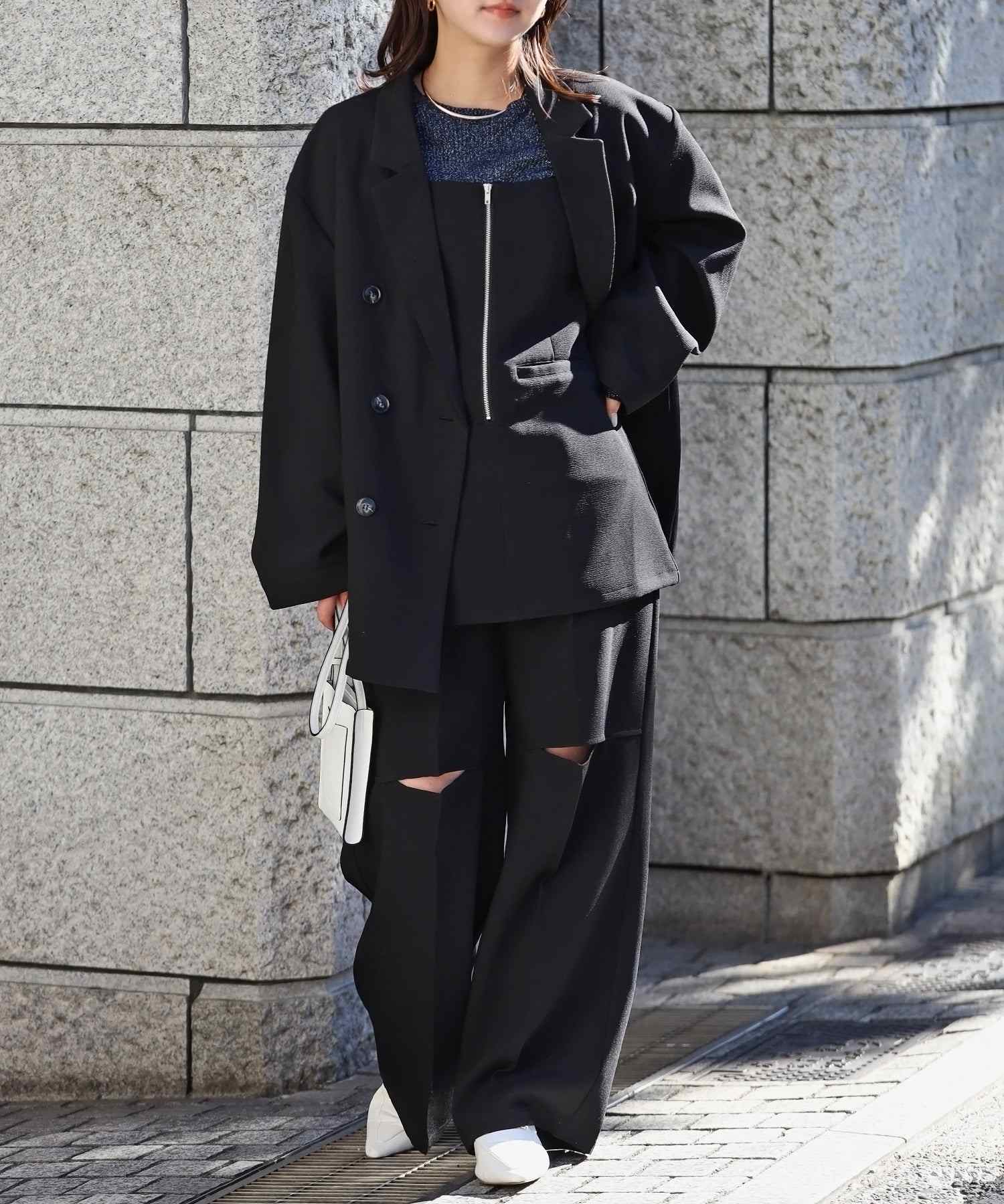 ボンジュールサガン BONJOUR SAGAN 膝スリットスラックスパンツ （BLACK） BLACK