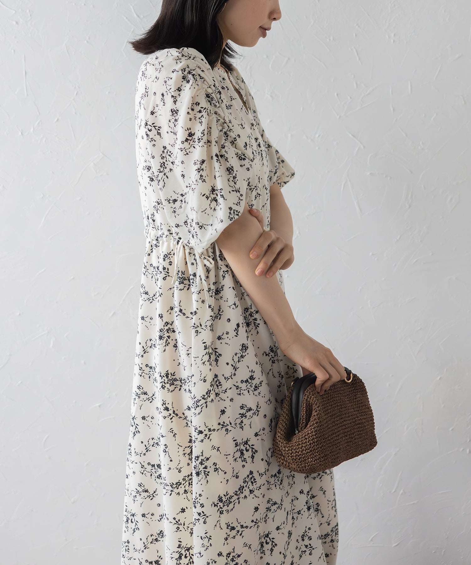 ボンジュールサガン BONJOUR SAGAN ウエストドロストリボン花柄ワンピース