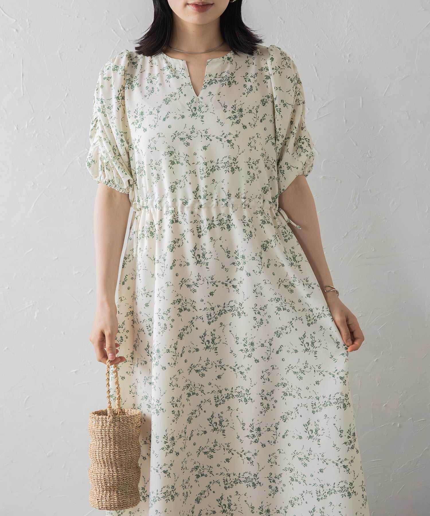 ボンジュールサガン BONJOUR SAGAN ウエストドロストリボン花柄ワンピース