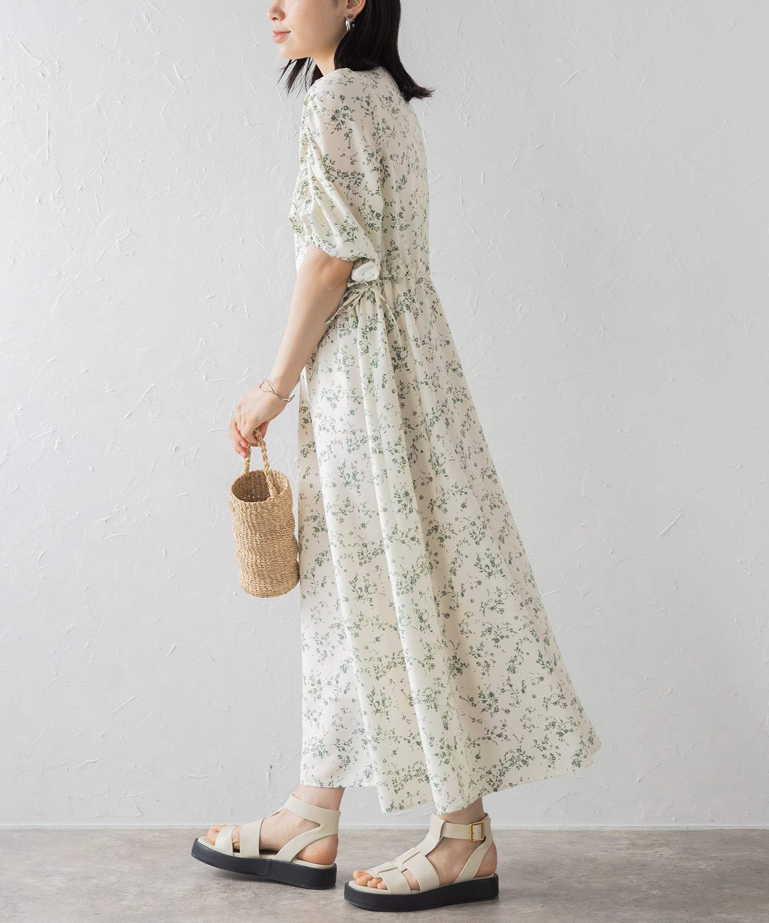 ボンジュールサガン BONJOUR SAGAN ウエストドロストリボン花柄ワンピース