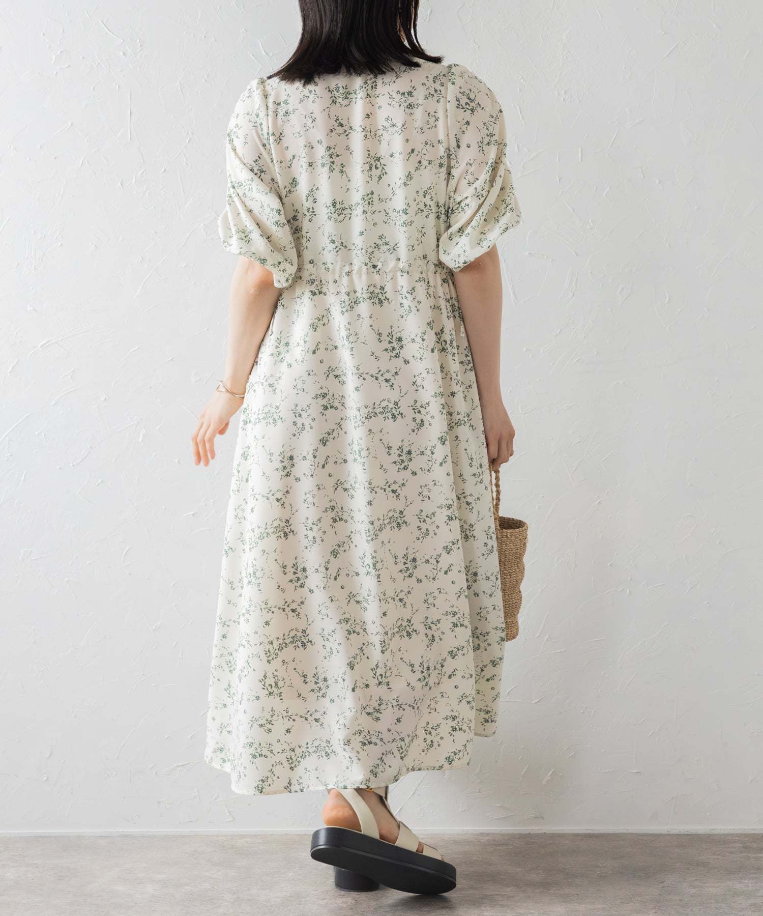 ボンジュールサガン BONJOUR SAGAN ウエストドロストリボン花柄ワンピース