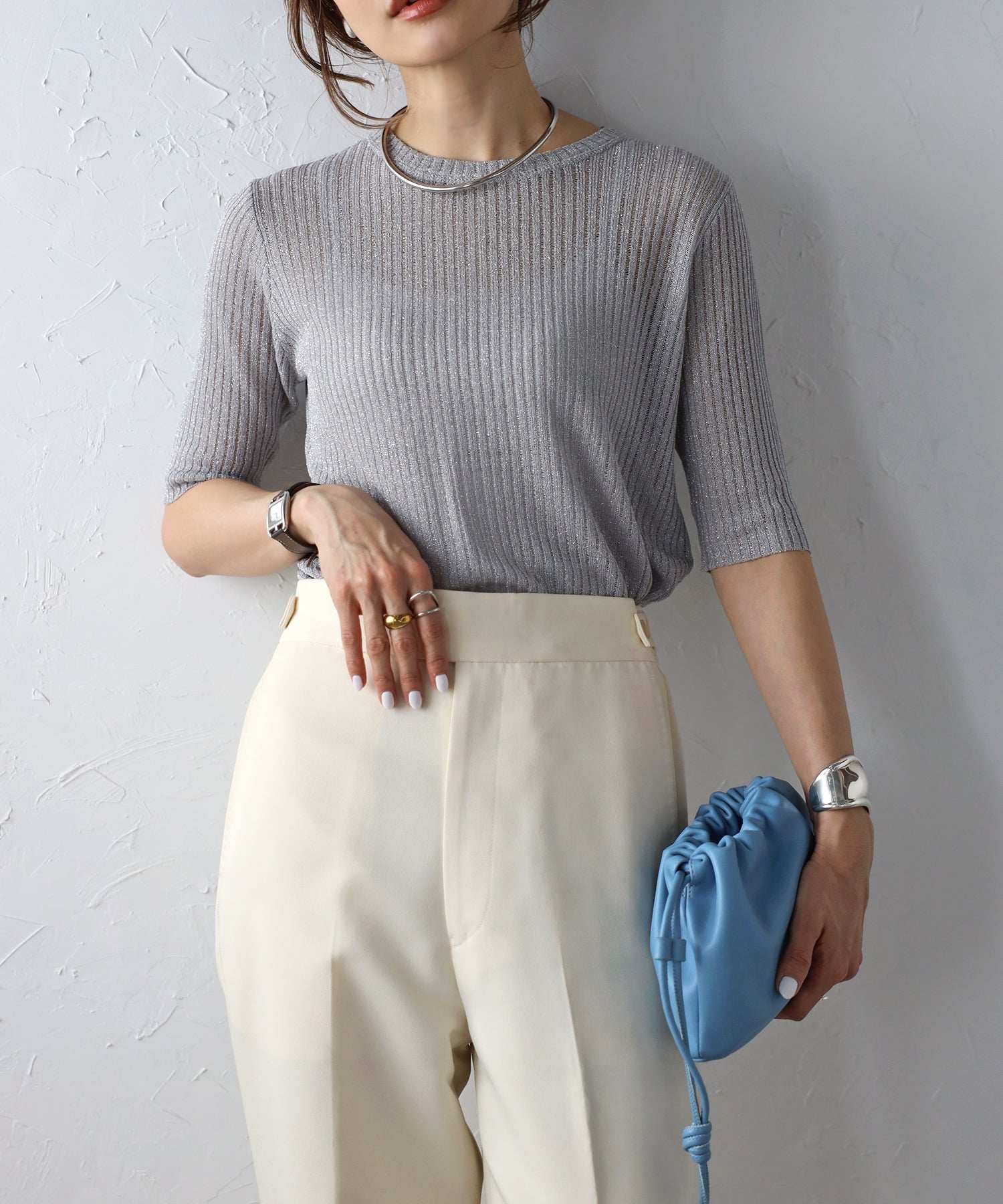 ボンジュールサガン BONJOUR SAGAN 五分袖ラメニットプルオーバー （LIGHT-BEIGE） LIGHT-BEIGE