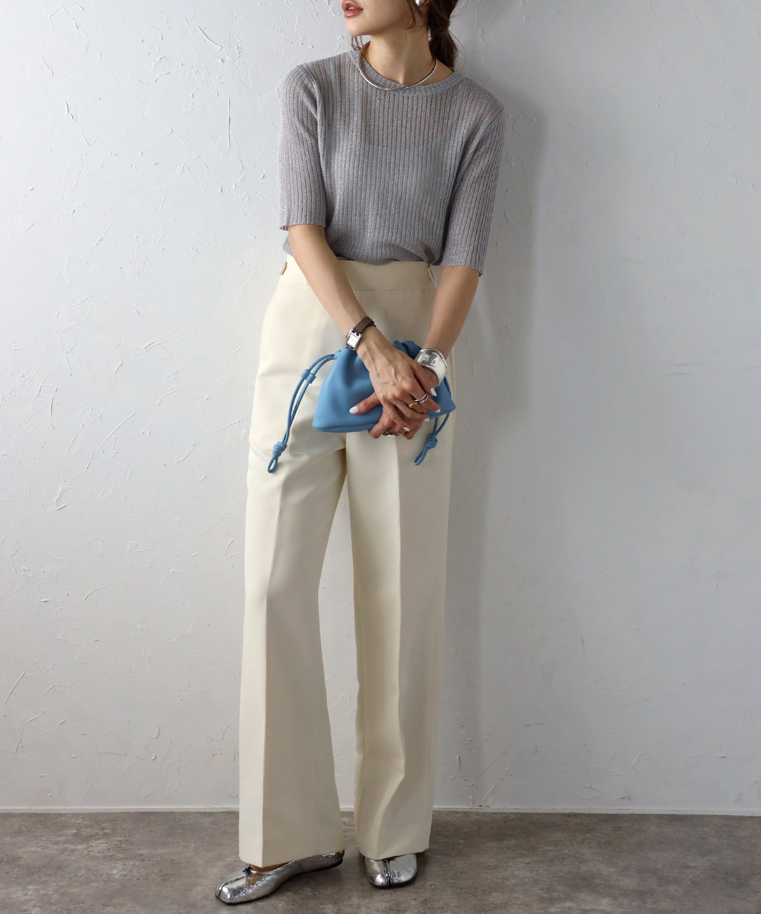ボンジュールサガン BONJOUR SAGAN 五分袖ラメニットプルオーバー （LIGHT-BEIGE） LIGHT-BEIGE