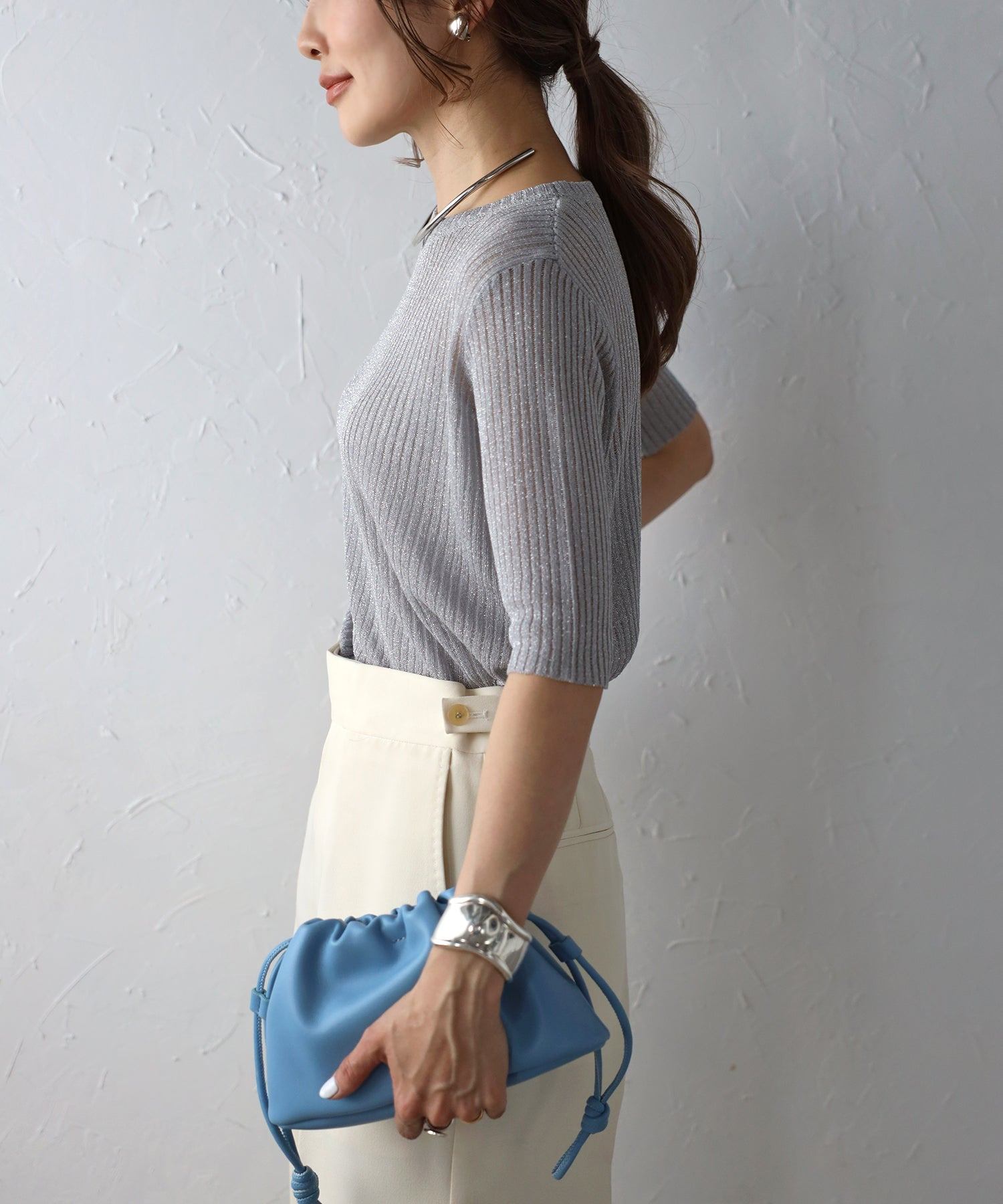 ボンジュールサガン BONJOUR SAGAN 五分袖ラメニットプルオーバー （LIGHT-BEIGE） LIGHT-BEIGE