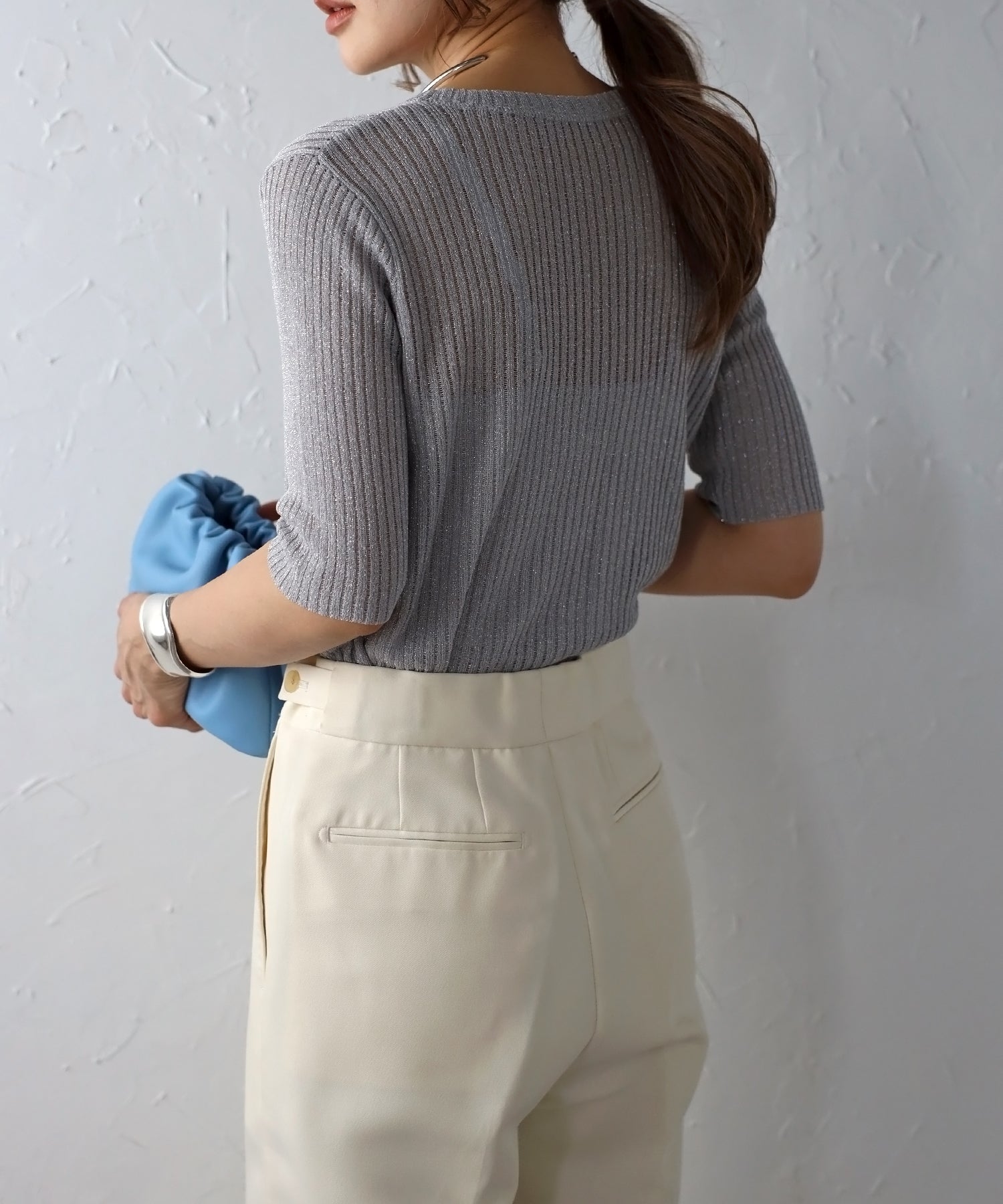 ボンジュールサガン BONJOUR SAGAN 五分袖ラメニットプルオーバー （LIGHT-BEIGE） LIGHT-BEIGE