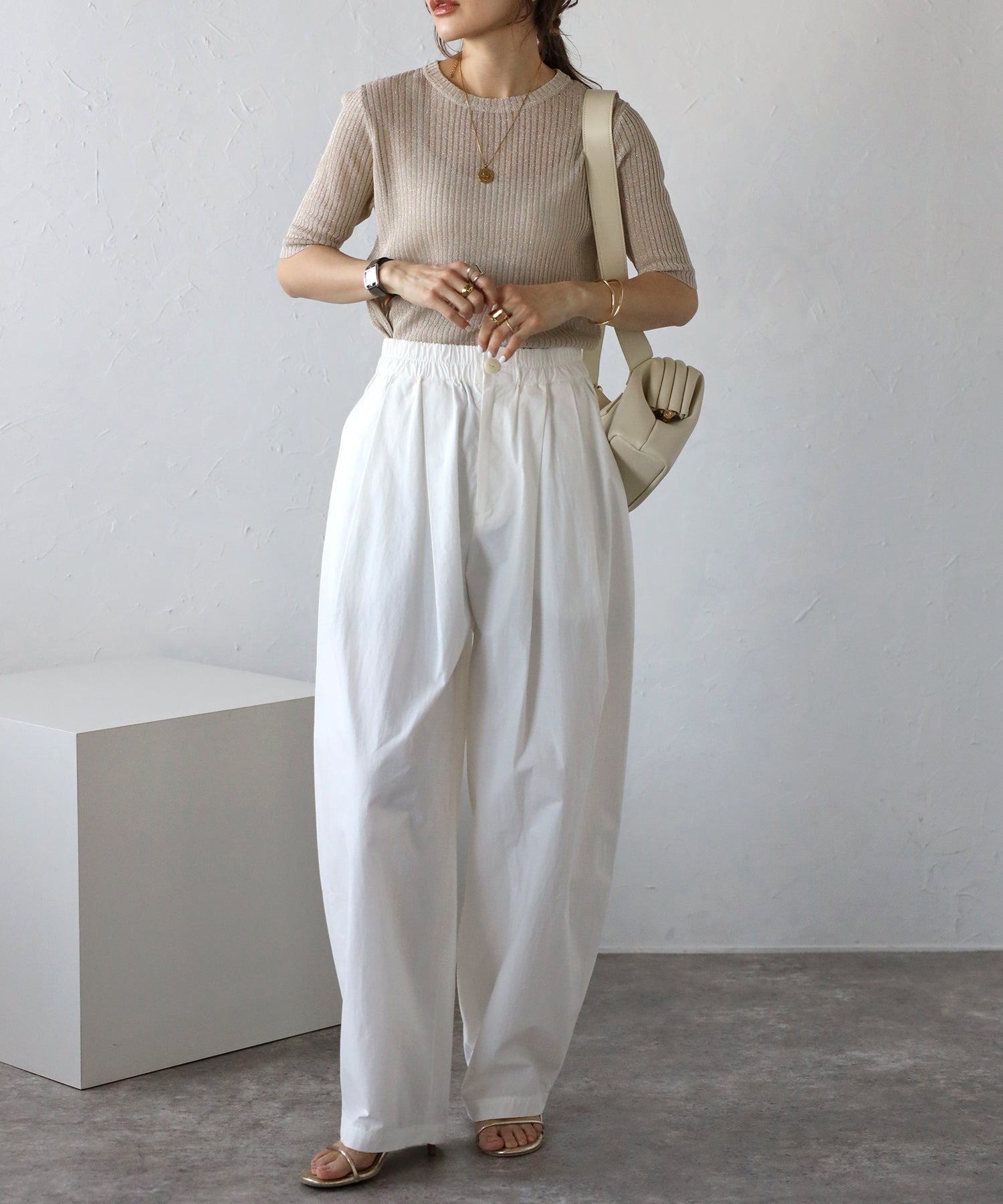 ボンジュールサガン BONJOUR SAGAN 五分袖ラメニットプルオーバー （LIGHT-BEIGE） LIGHT-BEIGE