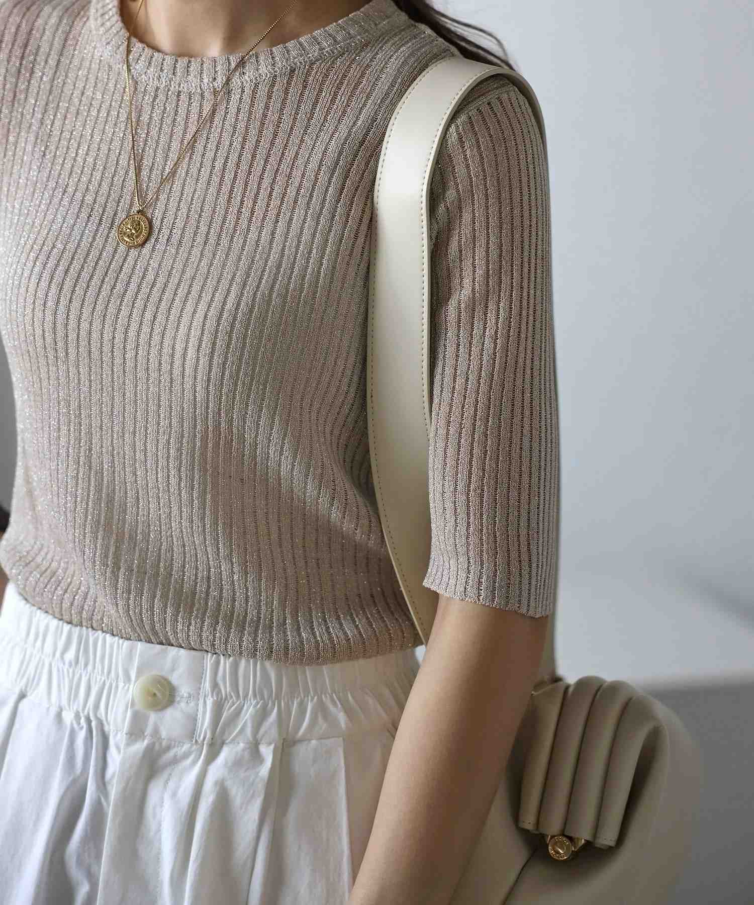 ボンジュールサガン BONJOUR SAGAN 五分袖ラメニットプルオーバー （LIGHT-BEIGE） LIGHT-BEIGE