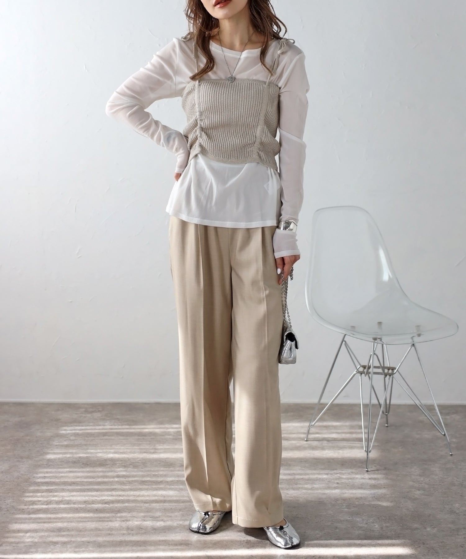 ボンジュールサガン BONJOUR SAGAN ドロストラメニットキャミ （OFF-WHITE） OFF-WHITE