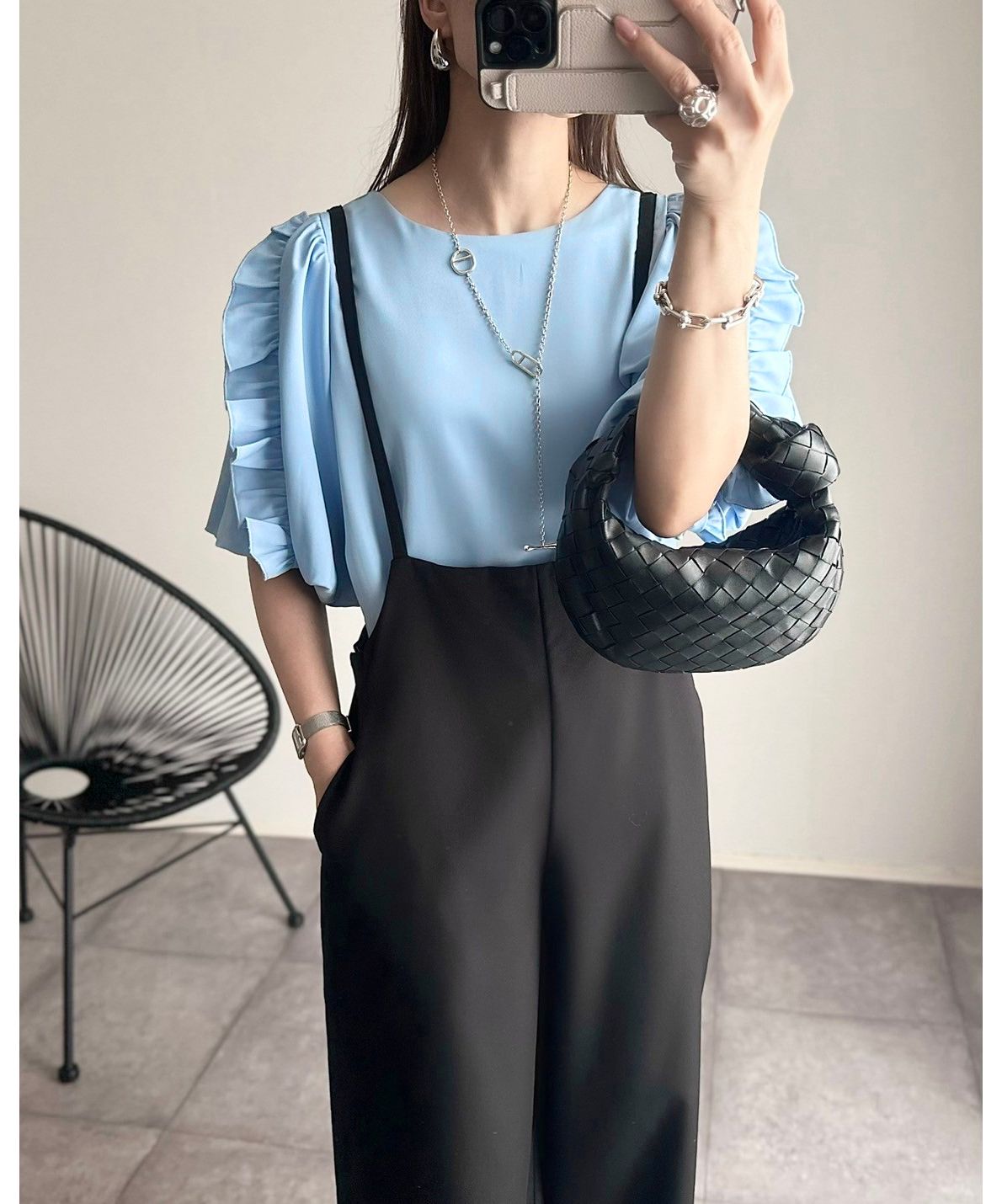 ボンジュールサガン BONJOUR SAGAN 袖フリルチュニックブラウス×ストレートパンツセットアップ