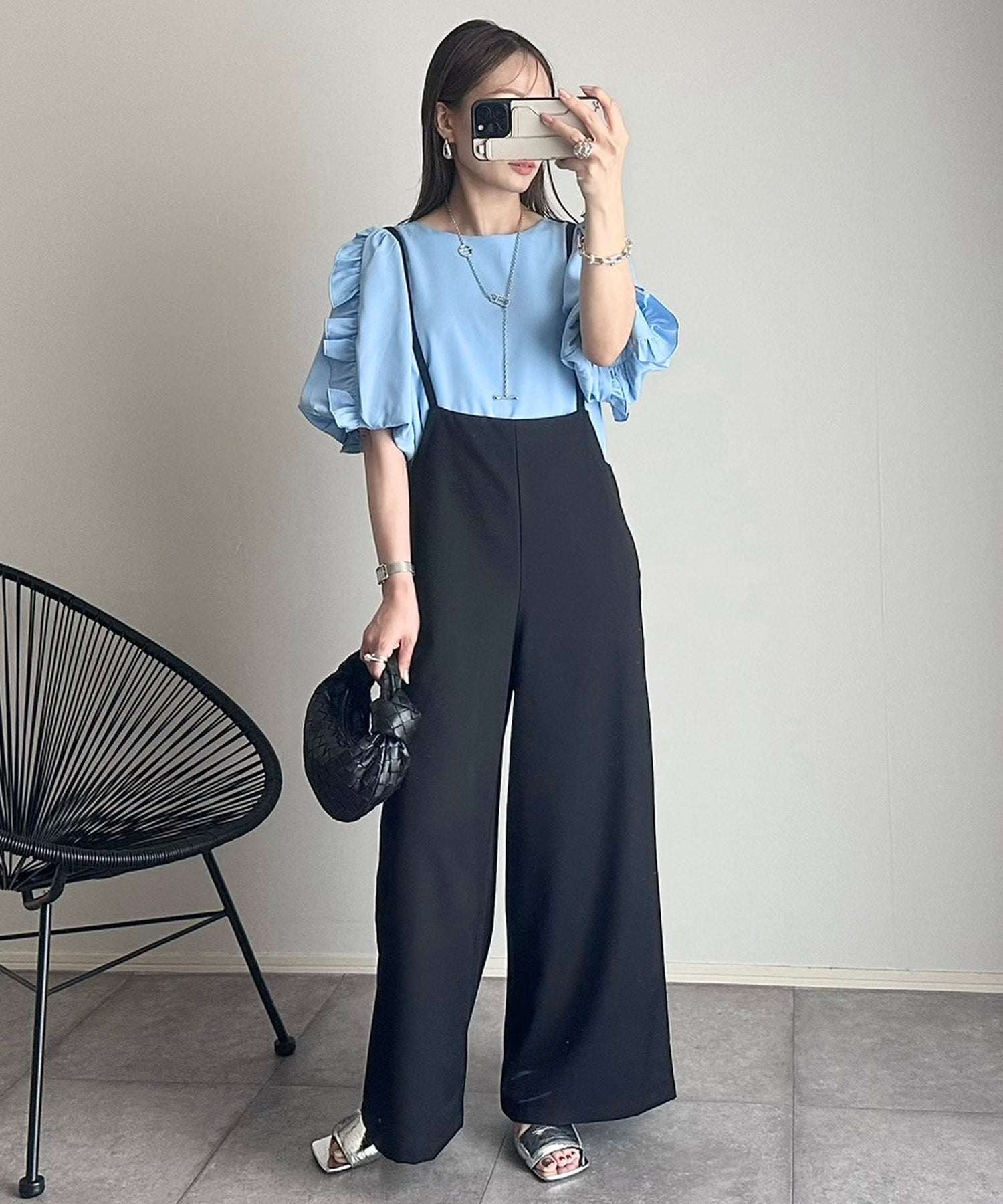 ボンジュールサガン BONJOUR SAGAN 袖フリルチュニックブラウス×ストレートパンツセットアップ