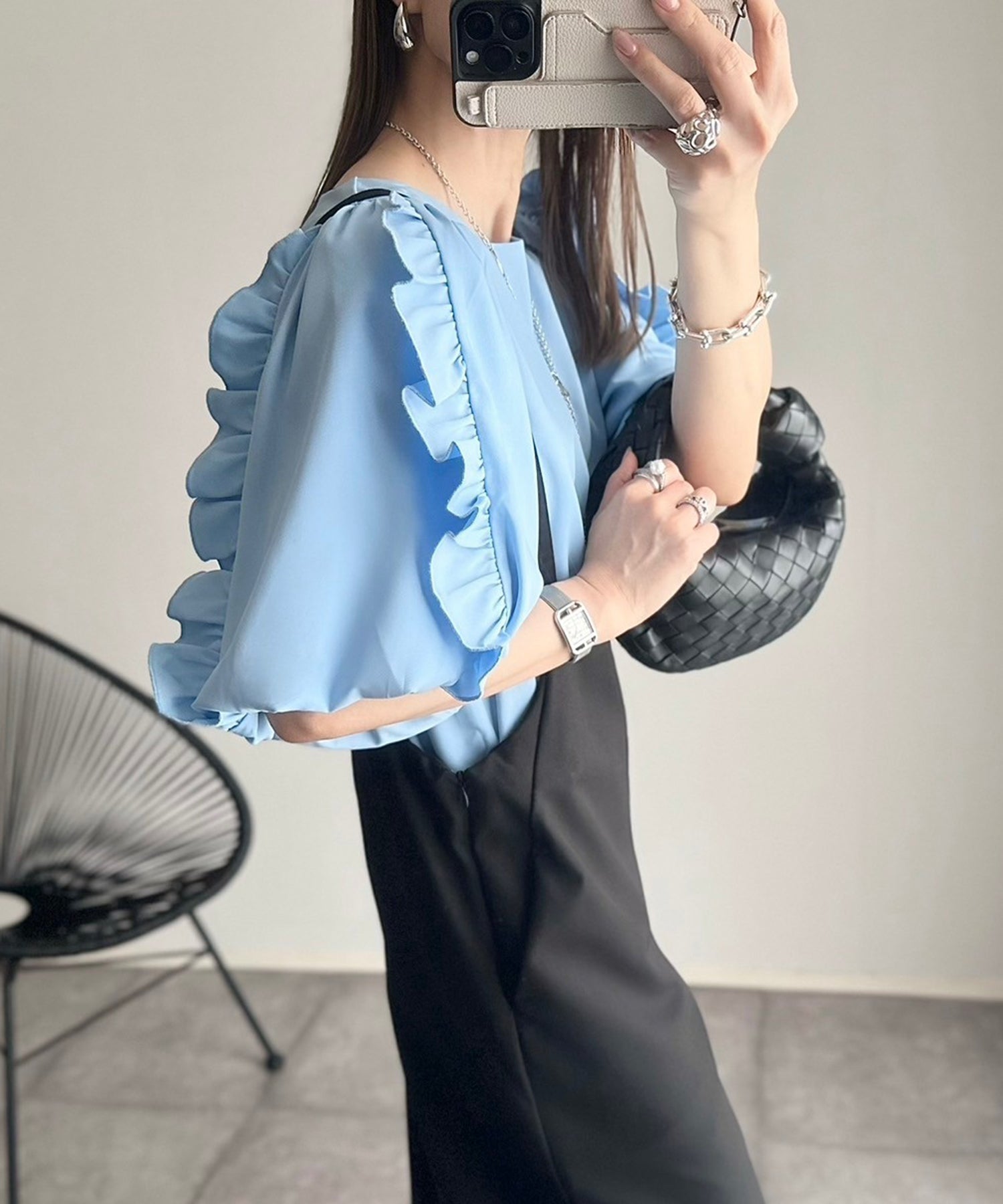 ボンジュールサガン BONJOUR SAGAN 袖フリルチュニックブラウス×ストレートパンツセットアップ