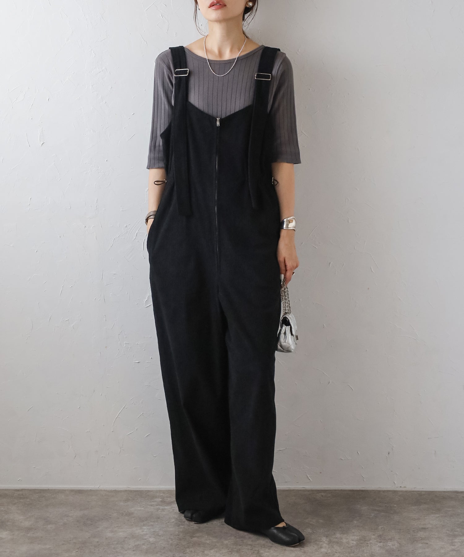 ボンジュールサガン BONJOUR SAGAN フロントジップコーデュロイオールインワン,BLACK