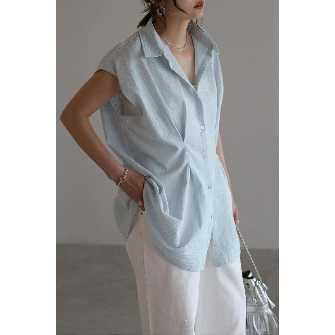 ボンジュールサガン BONJOUR SAGAN ウエストタックストライプフレンチスリーブシャツ （LIGHT-BLUE） LIGHT-BLUE