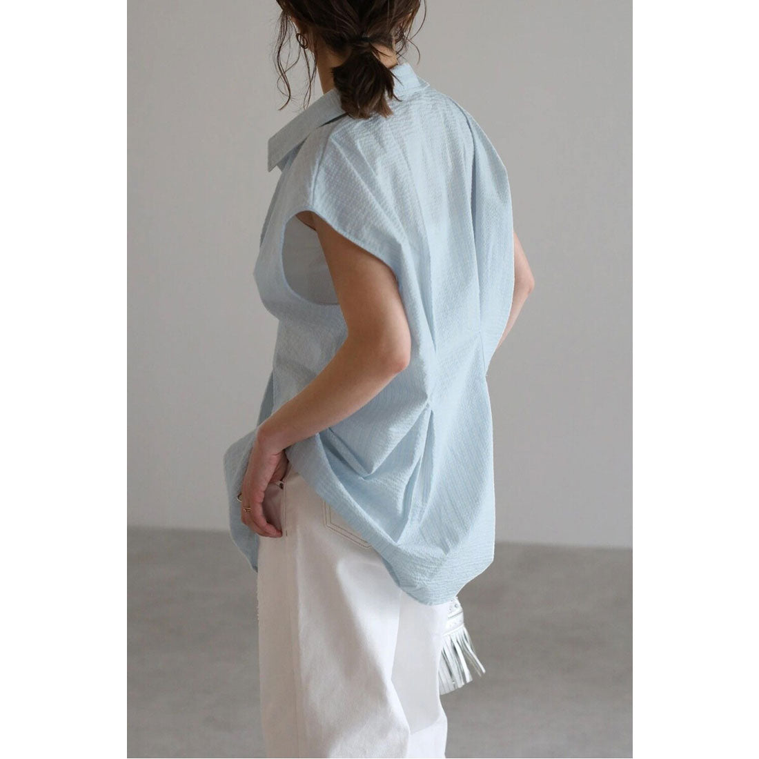 ボンジュールサガン BONJOUR SAGAN ウエストタックストライプフレンチスリーブシャツ （LIGHT-BLUE） LIGHT-BLUE