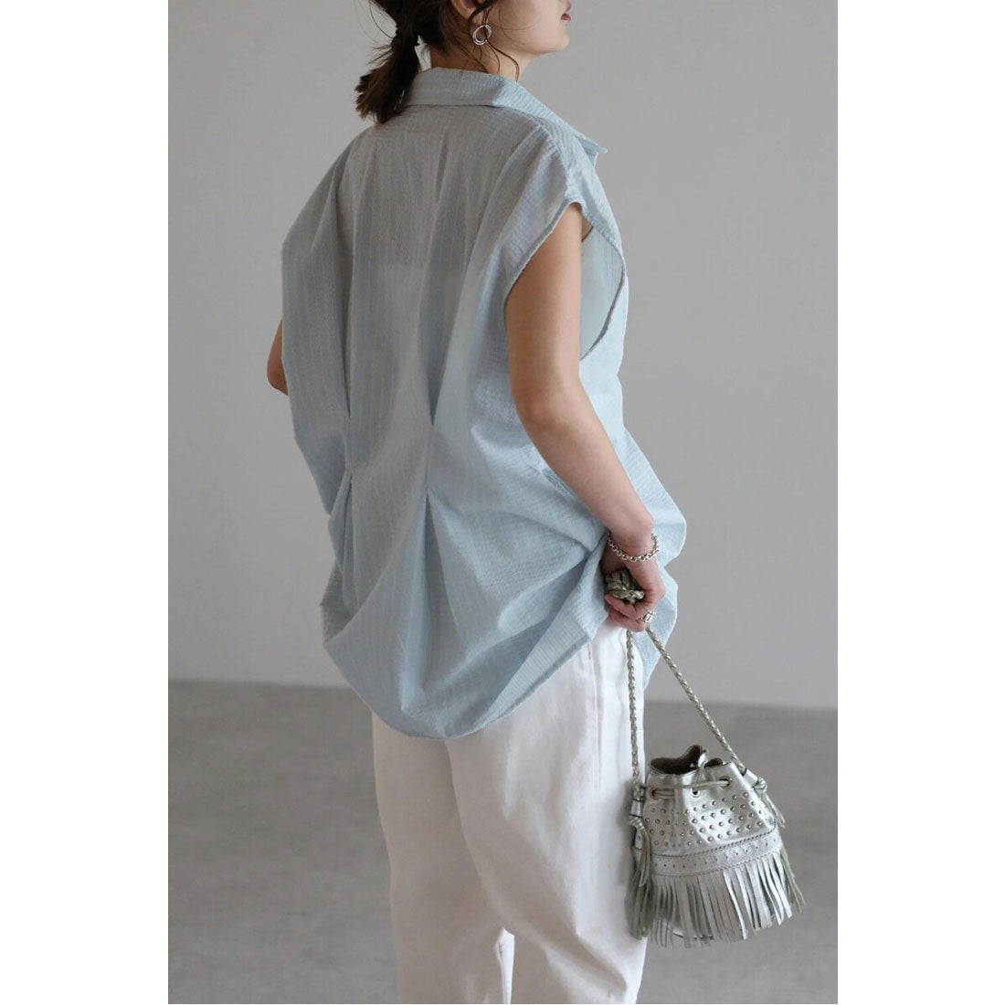 ボンジュールサガン BONJOUR SAGAN ウエストタックストライプフレンチスリーブシャツ （LIGHT-BLUE） LIGHT-BLUE