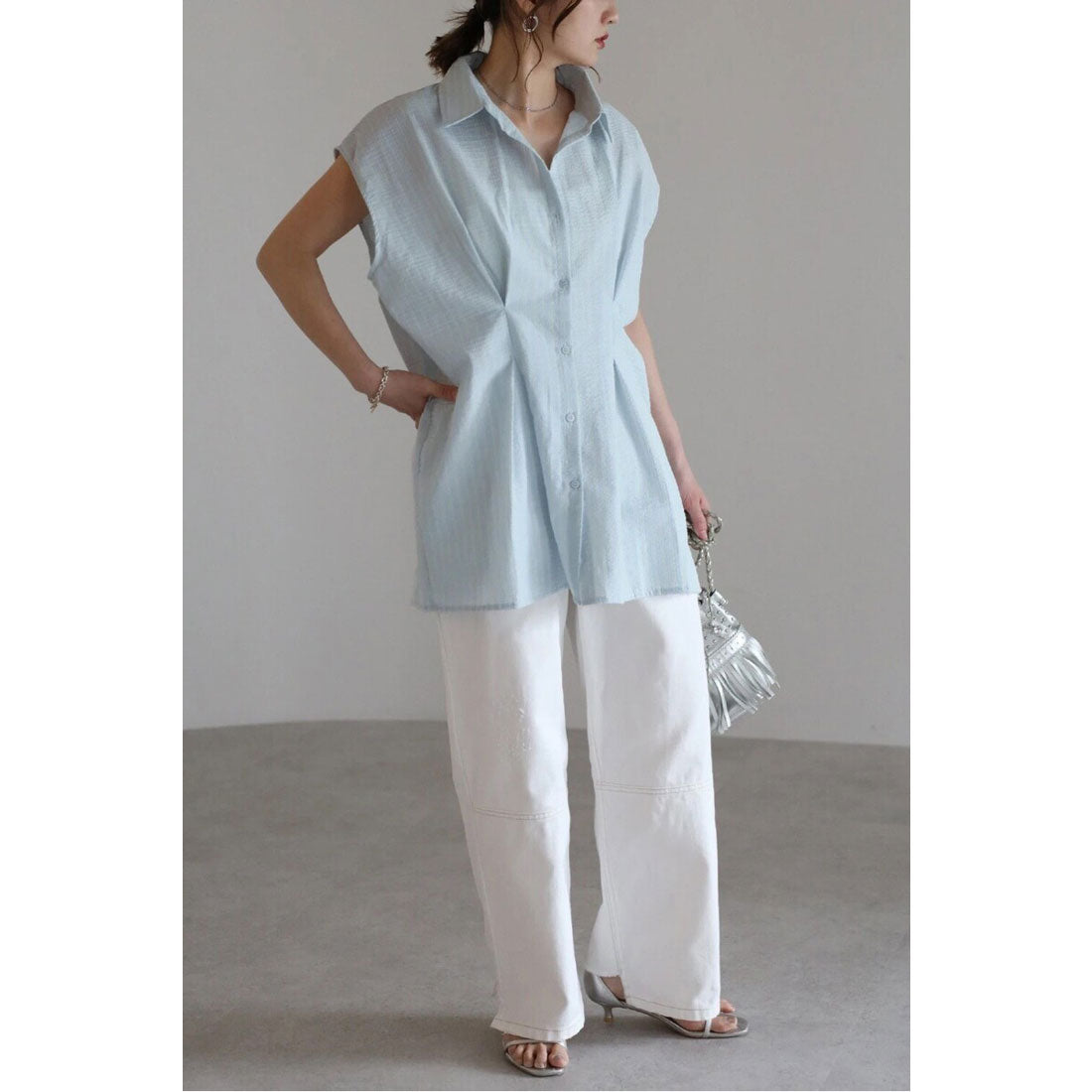 ボンジュールサガン BONJOUR SAGAN ウエストタックストライプフレンチスリーブシャツ （LIGHT-BLUE） LIGHT-BLUE