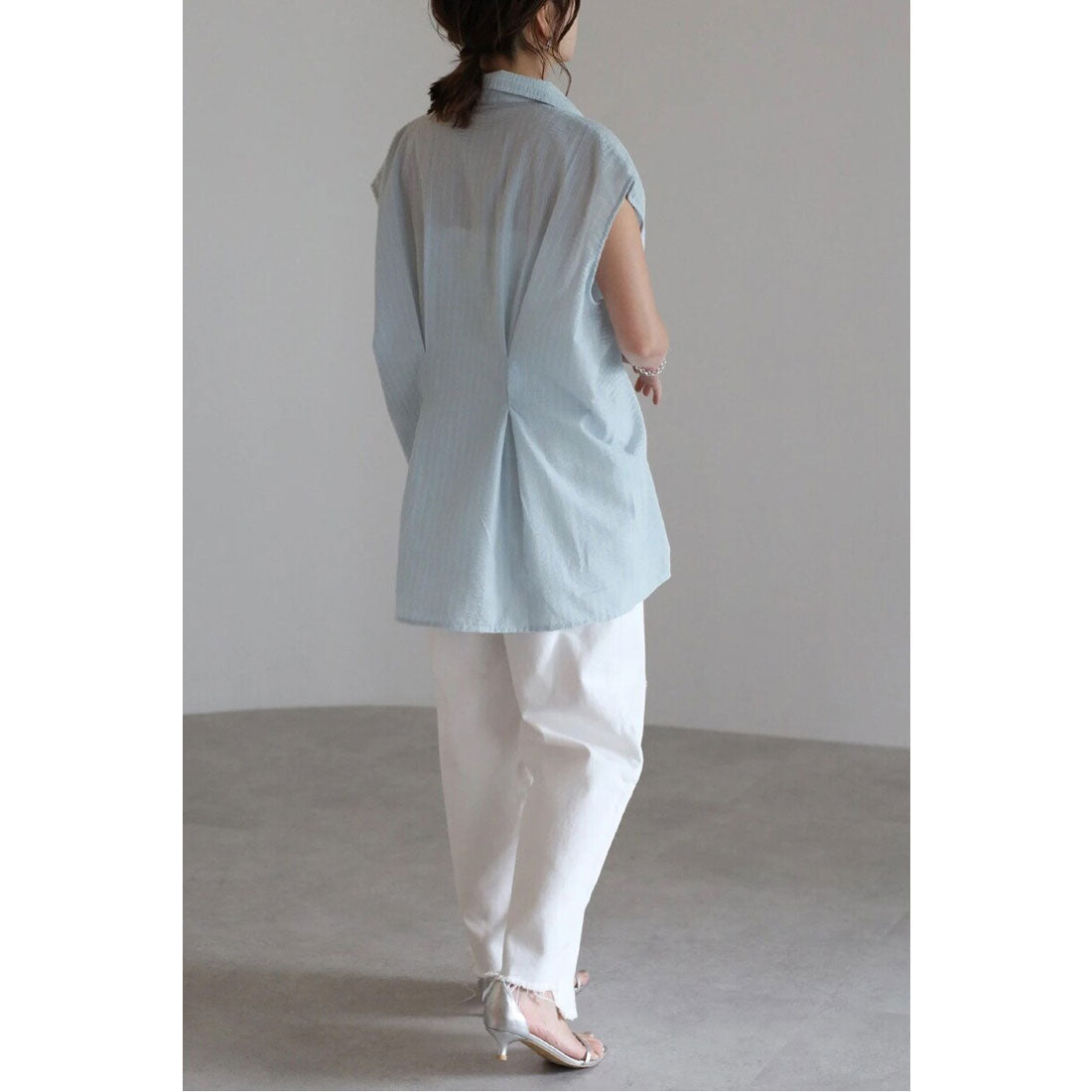 ボンジュールサガン BONJOUR SAGAN ウエストタックストライプフレンチスリーブシャツ （LIGHT-BLUE） LIGHT-BLUE
