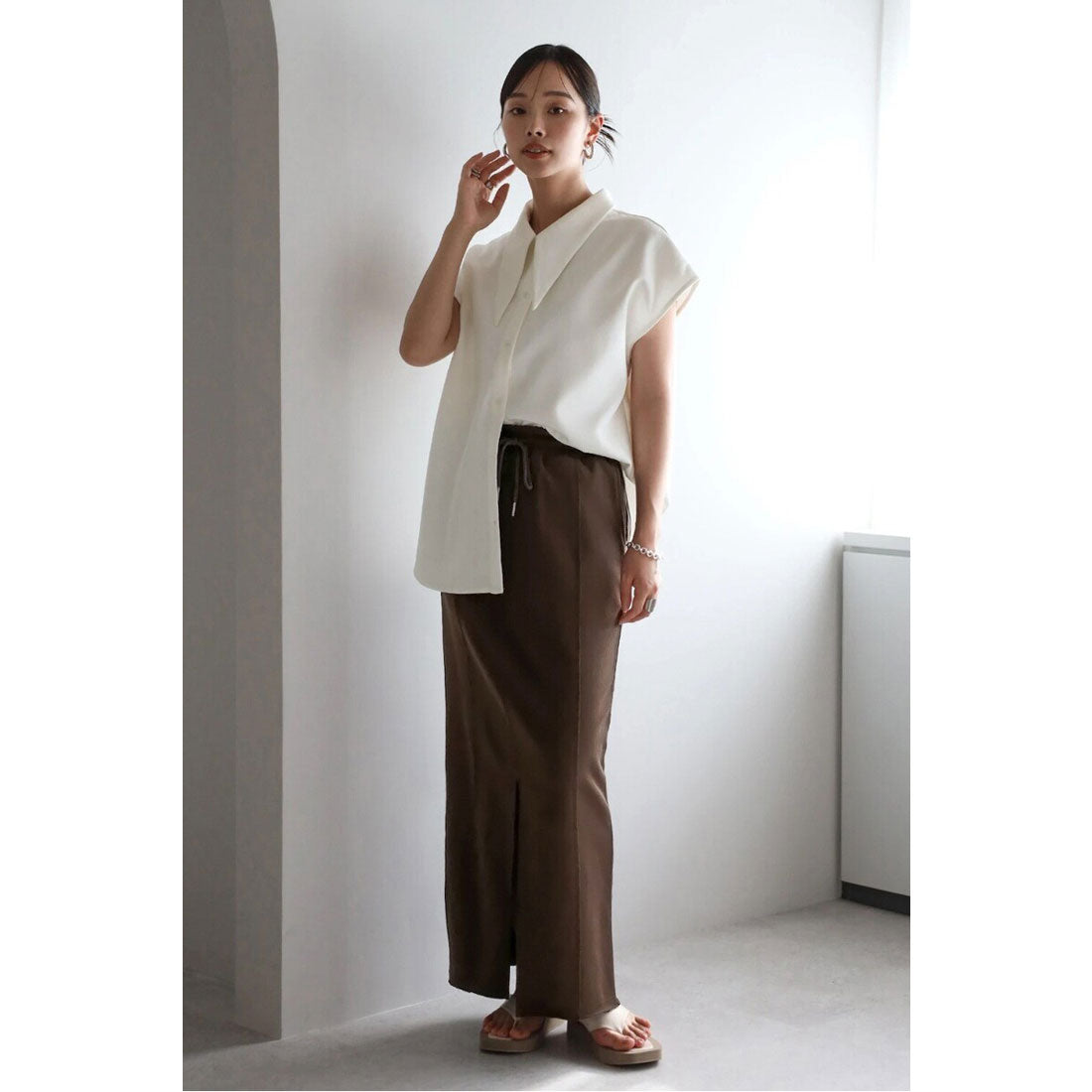 ボンジュールサガン BONJOUR SAGAN long collar french sleeve blouse / ロングカラーフレンチスリーブブラウス （OFF-WHITE） OFF-WHITE