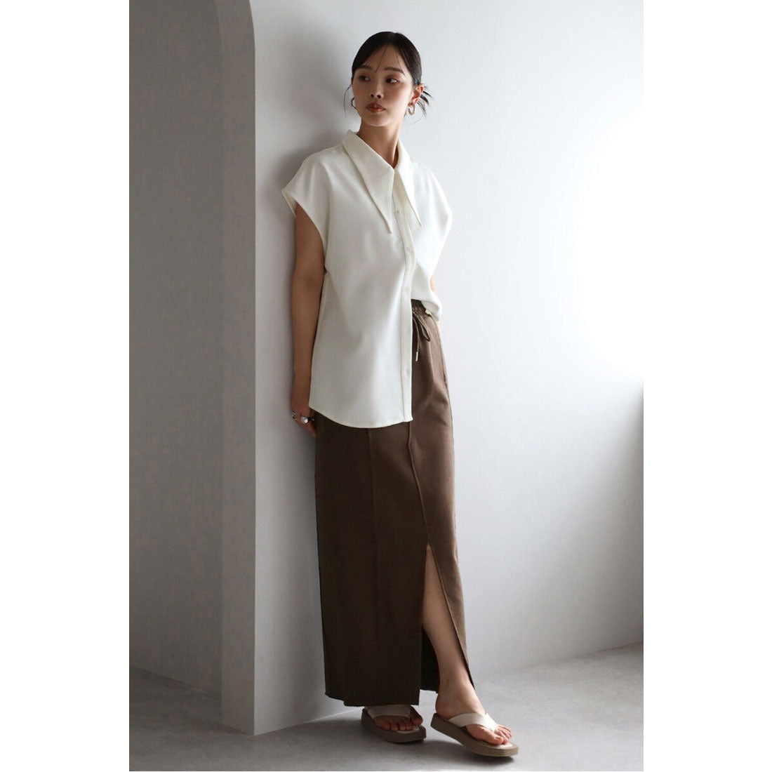 ボンジュールサガン BONJOUR SAGAN long collar french sleeve blouse / ロングカラーフレンチスリーブブラウス （OFF-WHITE） OFF-WHITE