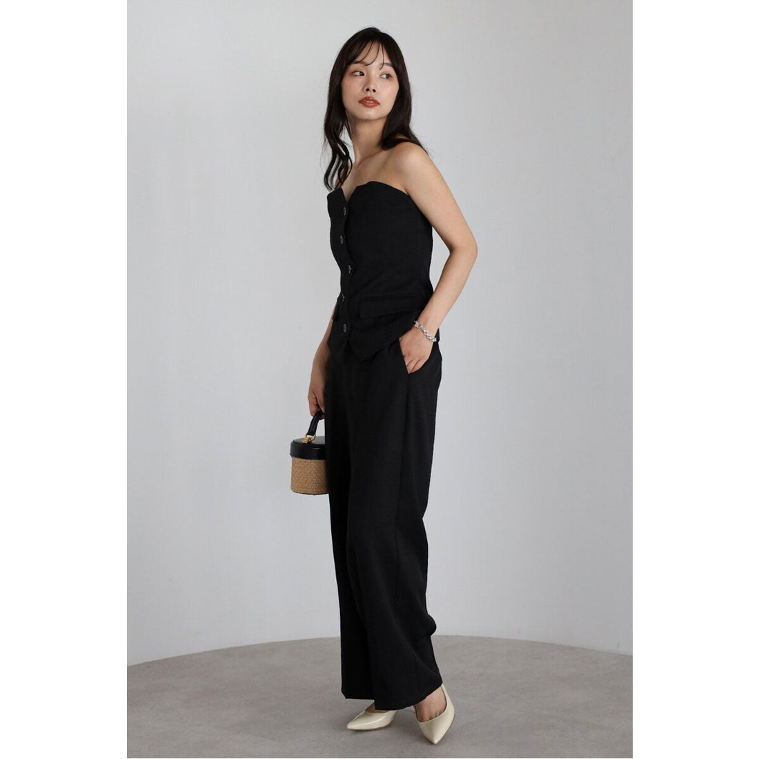 ボンジュールサガン BONJOUR SAGAN linen like front button bustier set up / リネンライクフロント釦ビスチェセットアップ （BLACK） BLACK