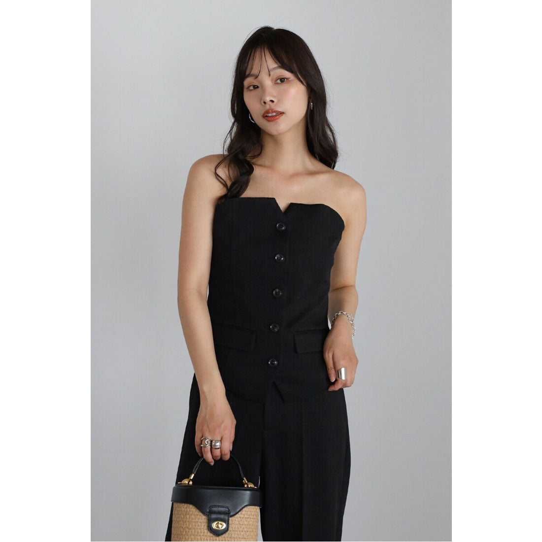 ボンジュールサガン BONJOUR SAGAN linen like front button bustier set up / リネンライクフロント釦ビスチェセットアップ （BLACK） BLACK