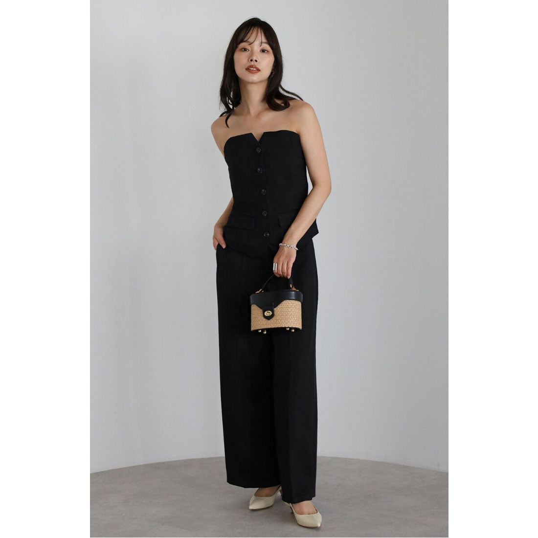 ボンジュールサガン BONJOUR SAGAN linen like front button bustier set up / リネンライクフロント釦ビスチェセットアップ （BLACK） BLACK