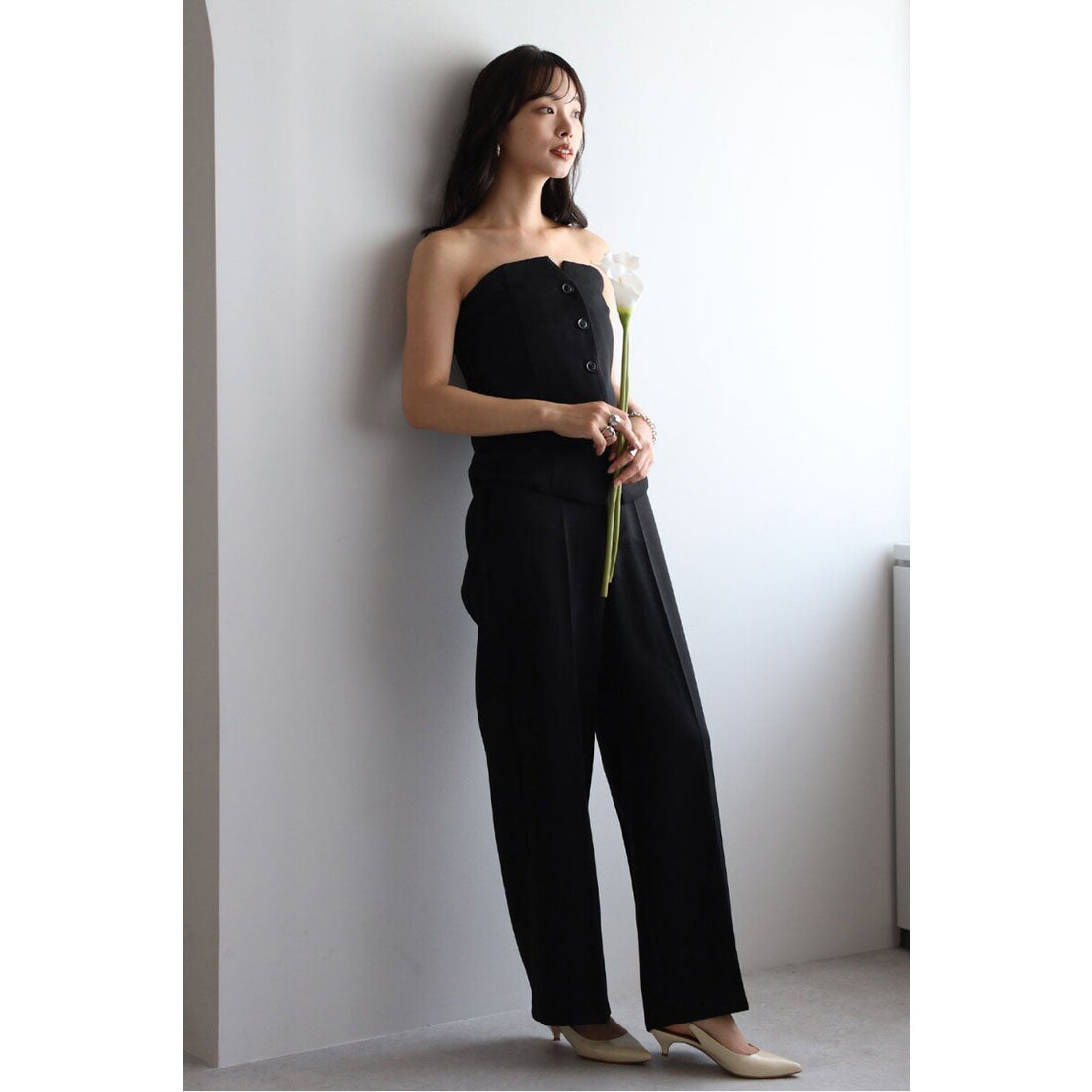 ボンジュールサガン BONJOUR SAGAN linen like front button bustier set up / リネンライクフロント釦ビスチェセットアップ （BLACK） BLACK