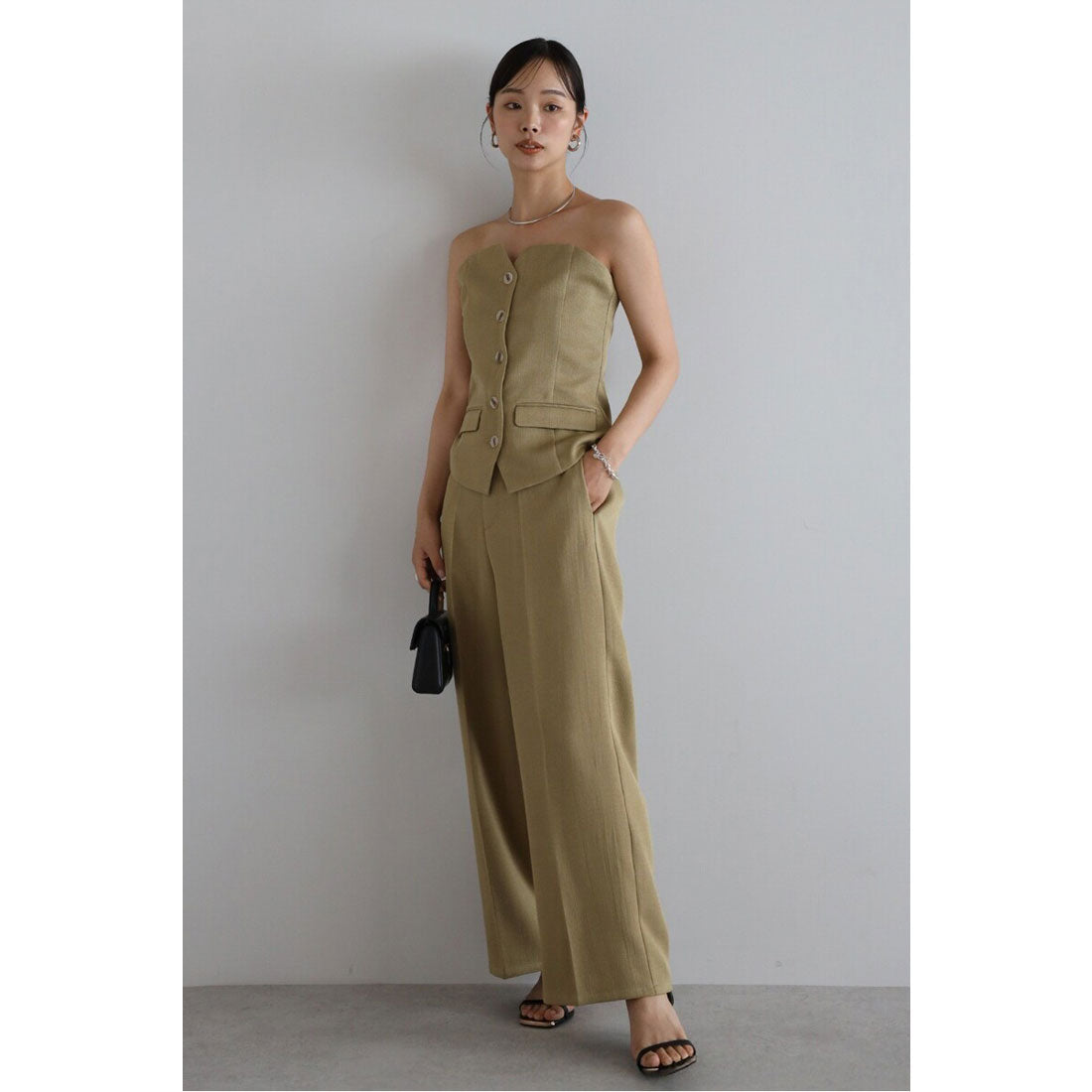 ボンジュールサガン BONJOUR SAGAN linen like front button bustier set up / リネンライクフロント釦ビスチェセットアップ （YELLOW-KHAKI） YELLOW-KHAKI