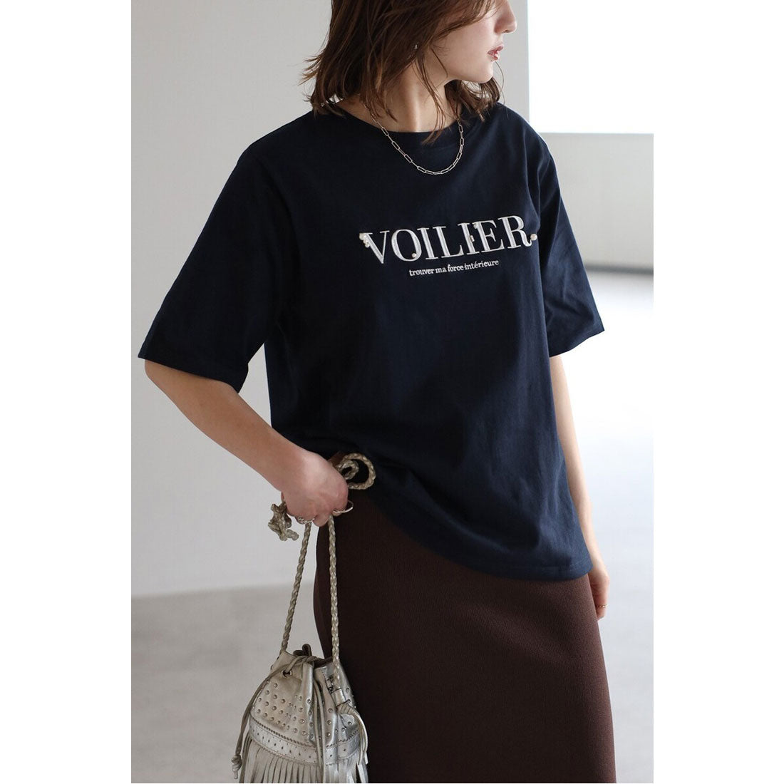 ボンジュールサガン BONJOUR SAGAN パール付きロゴ半袖Tシャツ （DARK-NAVY） DARK-NAVY