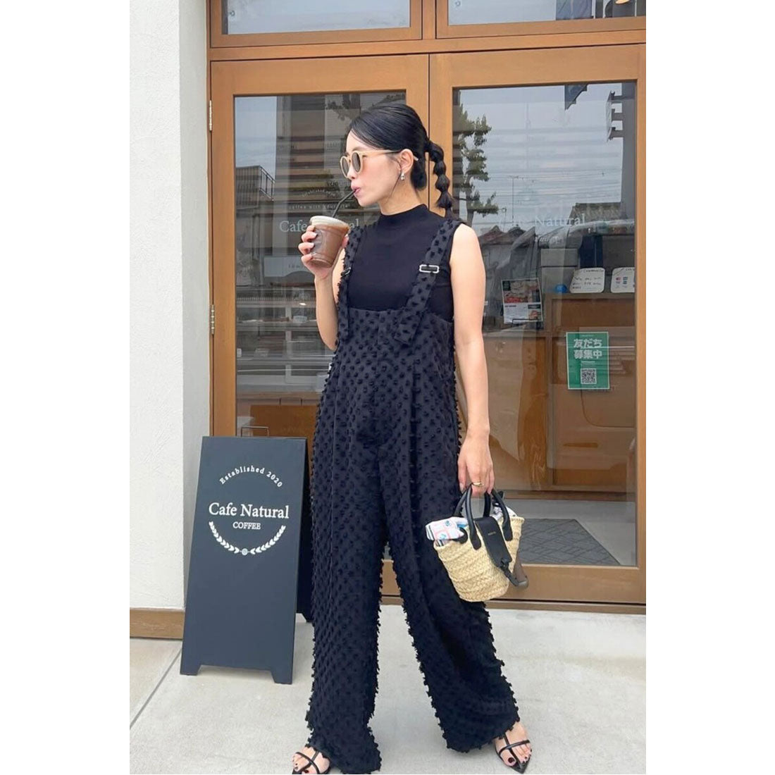 ボンジュールサガン BONJOUR SAGAN ドットジャガードハイウエストサロペット （BLACK） BLACK