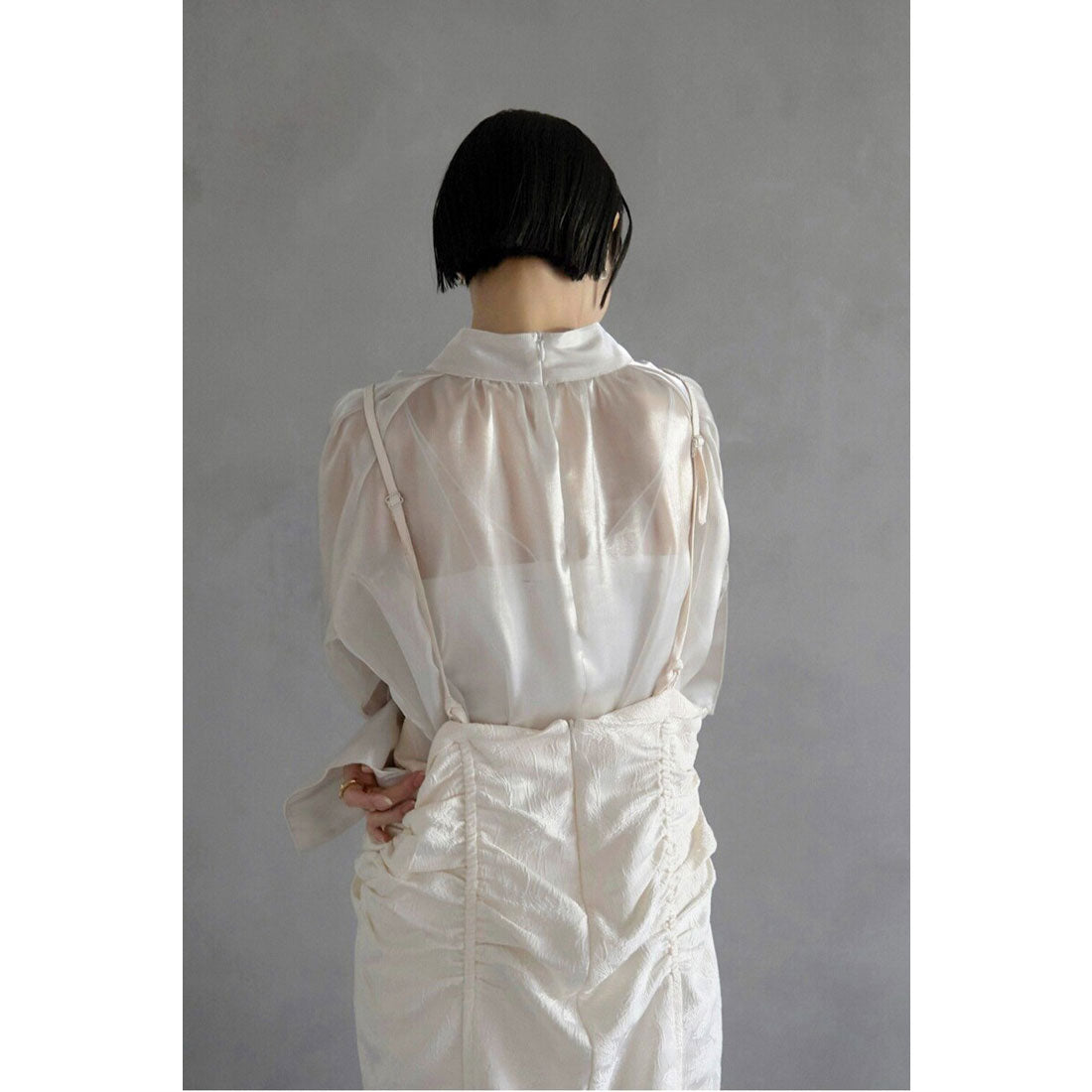 ボンジュールサガン BONJOUR SAGAN 【オケージョン】 jacquard shirring suspender skirt / ジャガードシャーリングサスペンダースカート （GRAY） GRAY