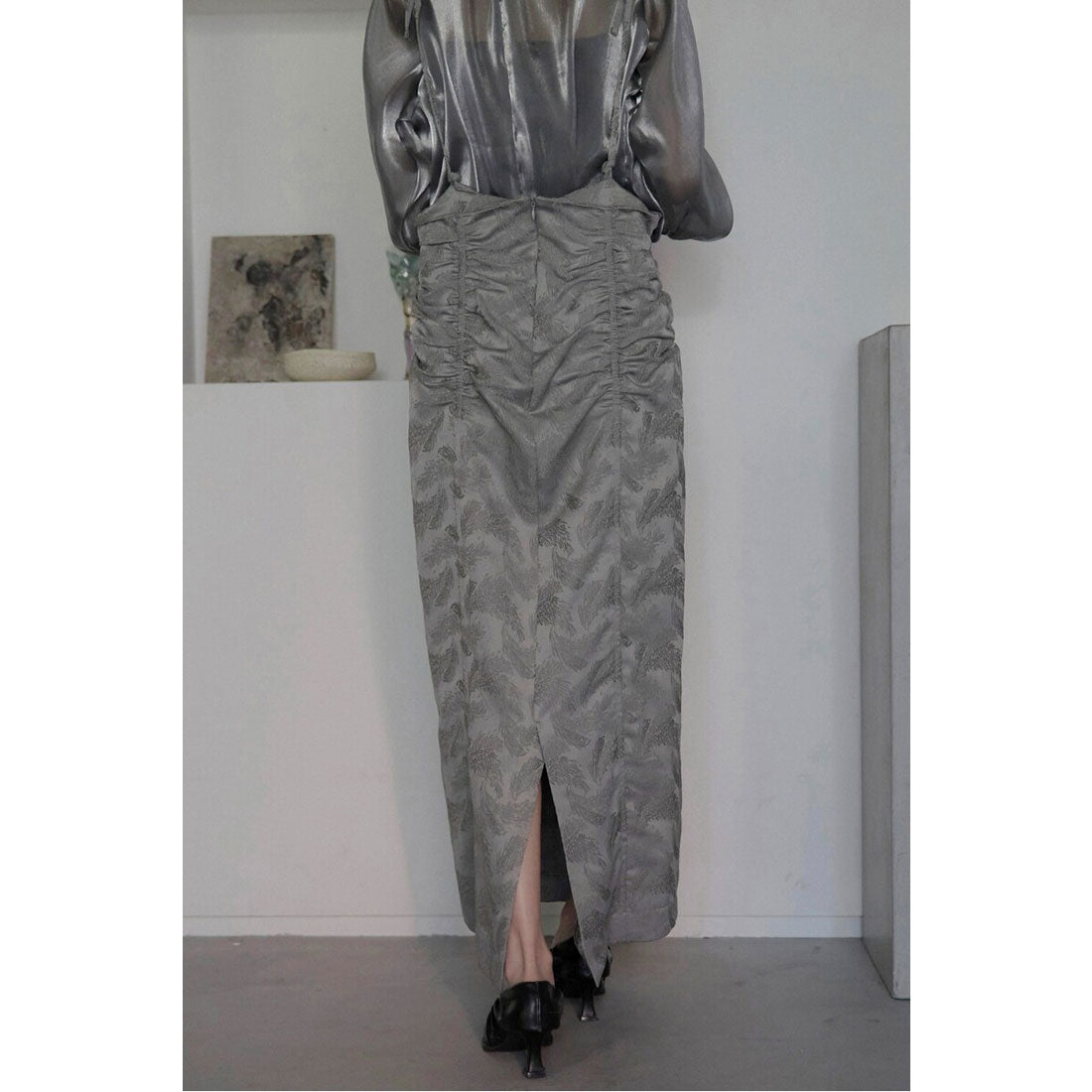 ボンジュールサガン BONJOUR SAGAN 【オケージョン】 jacquard shirring suspender skirt / ジャガードシャーリングサスペンダースカート （GRAY） GRAY