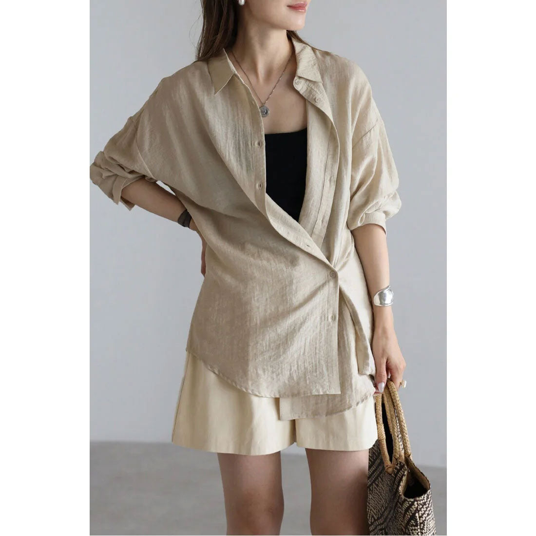 ボンジュールサガン BONJOUR SAGAN リネン混カシュクール風シャツ （LIGHT-BEIGE） LIGHT-BEIGE