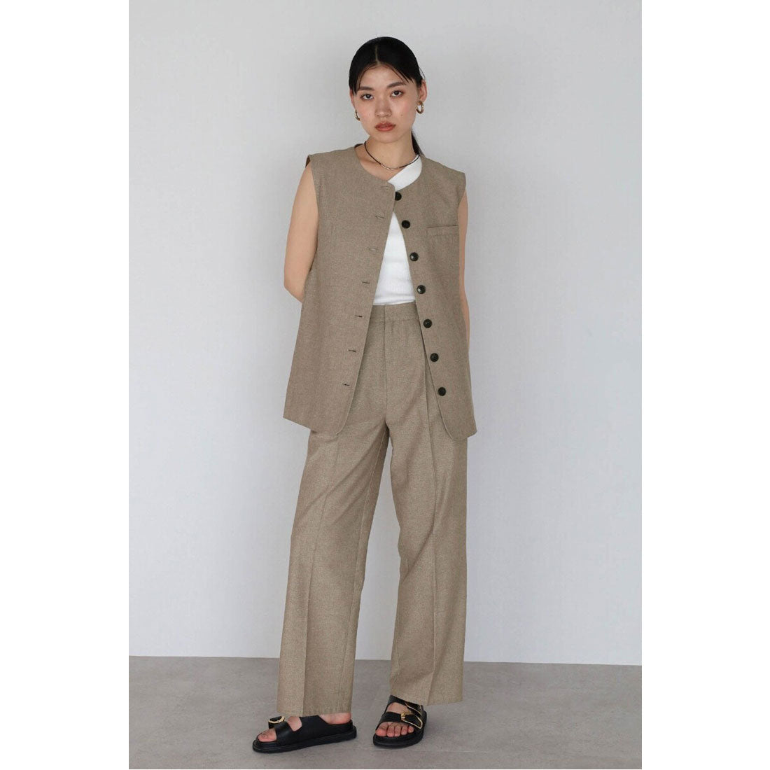 ボンジュールサガン BONJOUR SAGAN linen blend long vest × pants set up / リネン混ロングベスト×パンツセットアップ （CHARCOAL-GRAY） CHARCOAL-GRAY