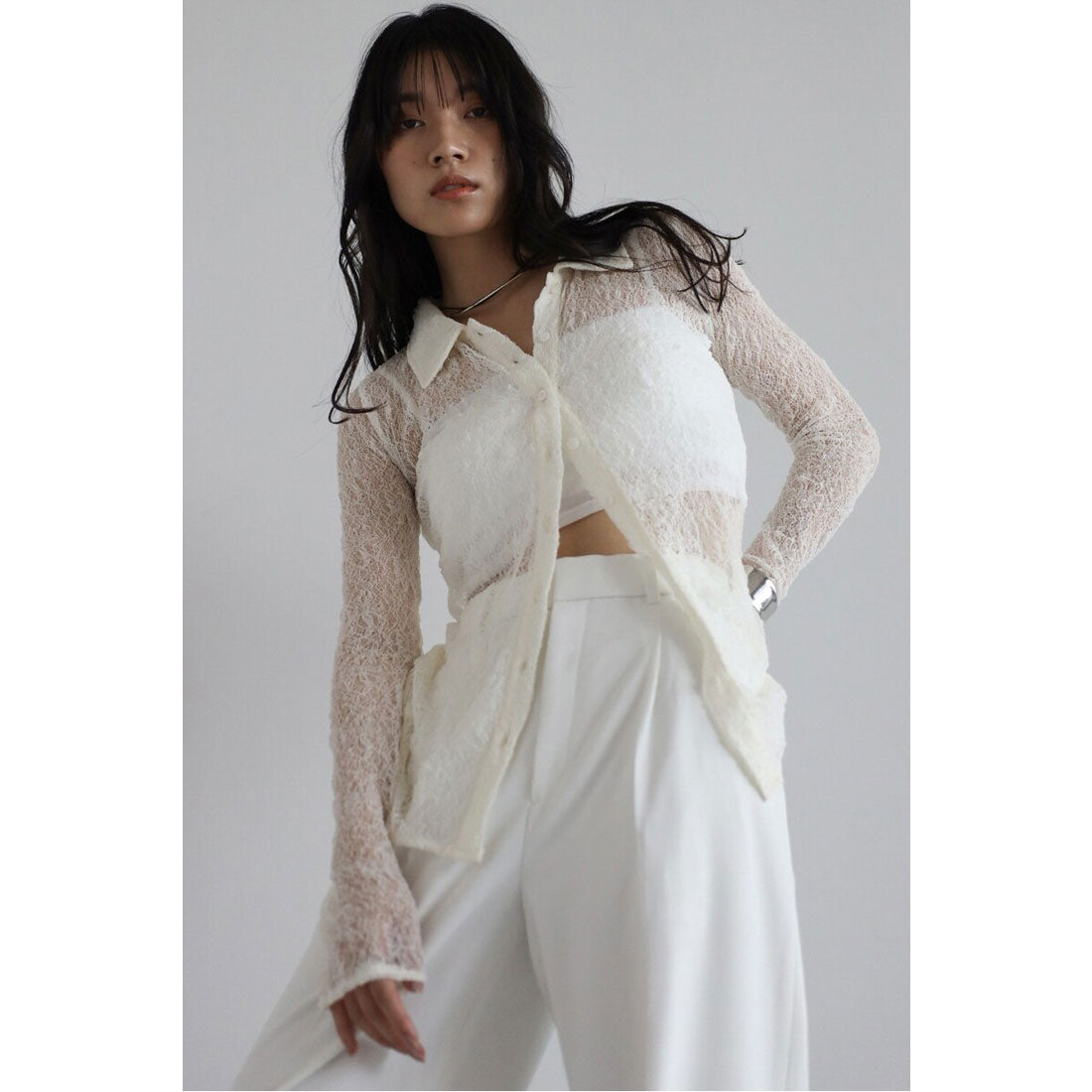 ボンジュールサガン BONJOUR SAGAN sheer stretch lace polo cardigan / シアーストレッチレースポロカーディガン （IVORY） IVORY