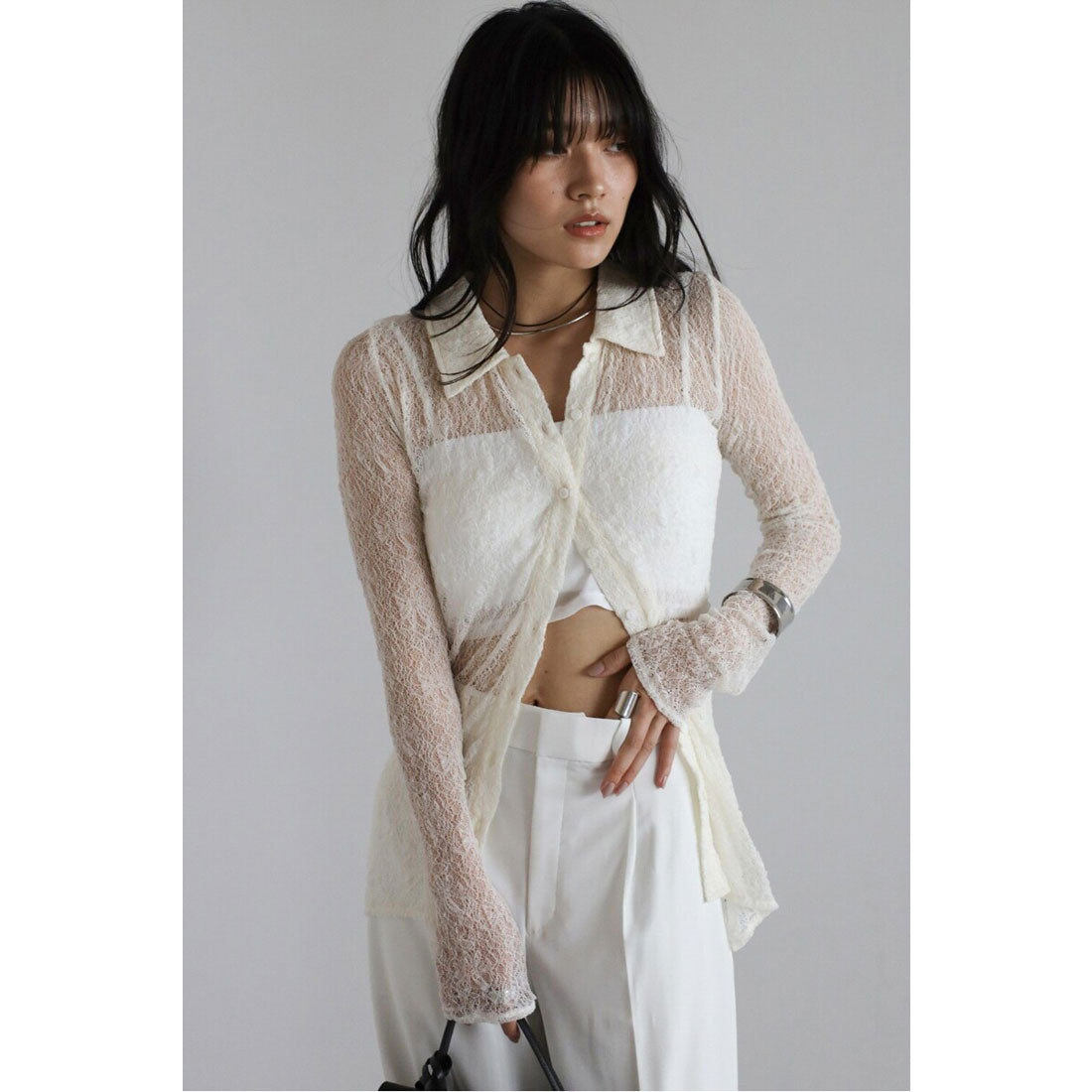ボンジュールサガン BONJOUR SAGAN sheer stretch lace polo cardigan / シアーストレッチレースポロカーディガン （IVORY） IVORY