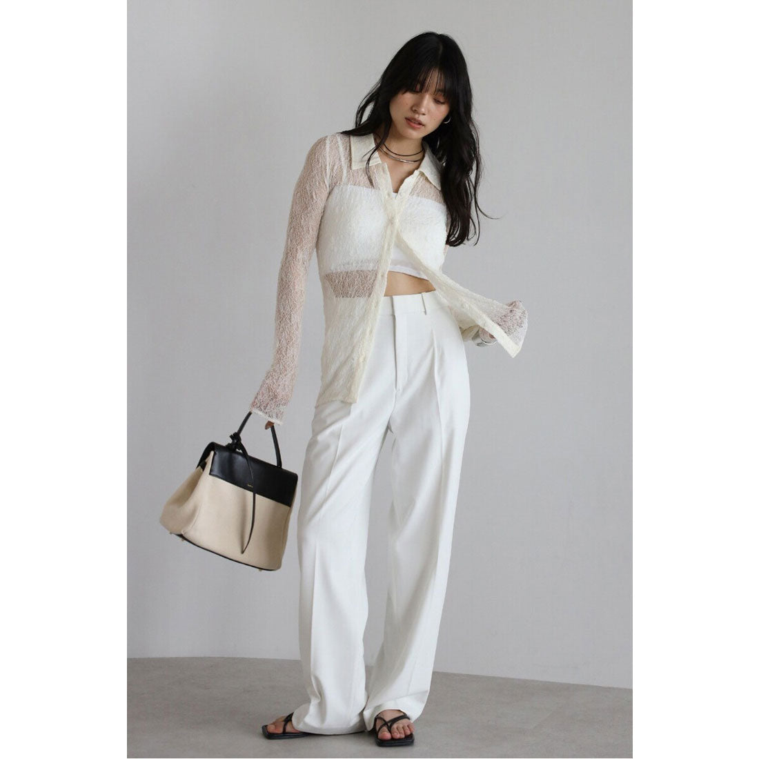 ボンジュールサガン BONJOUR SAGAN sheer stretch lace polo cardigan / シアーストレッチレースポロカーディガン （IVORY） IVORY