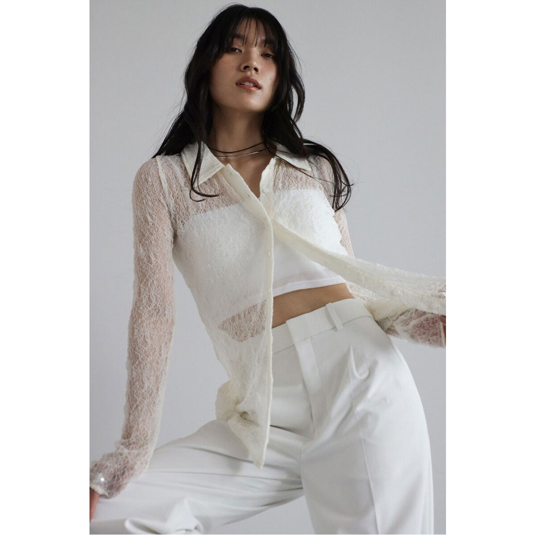 ボンジュールサガン BONJOUR SAGAN sheer stretch lace polo cardigan / シアーストレッチレースポロカーディガン （IVORY） IVORY