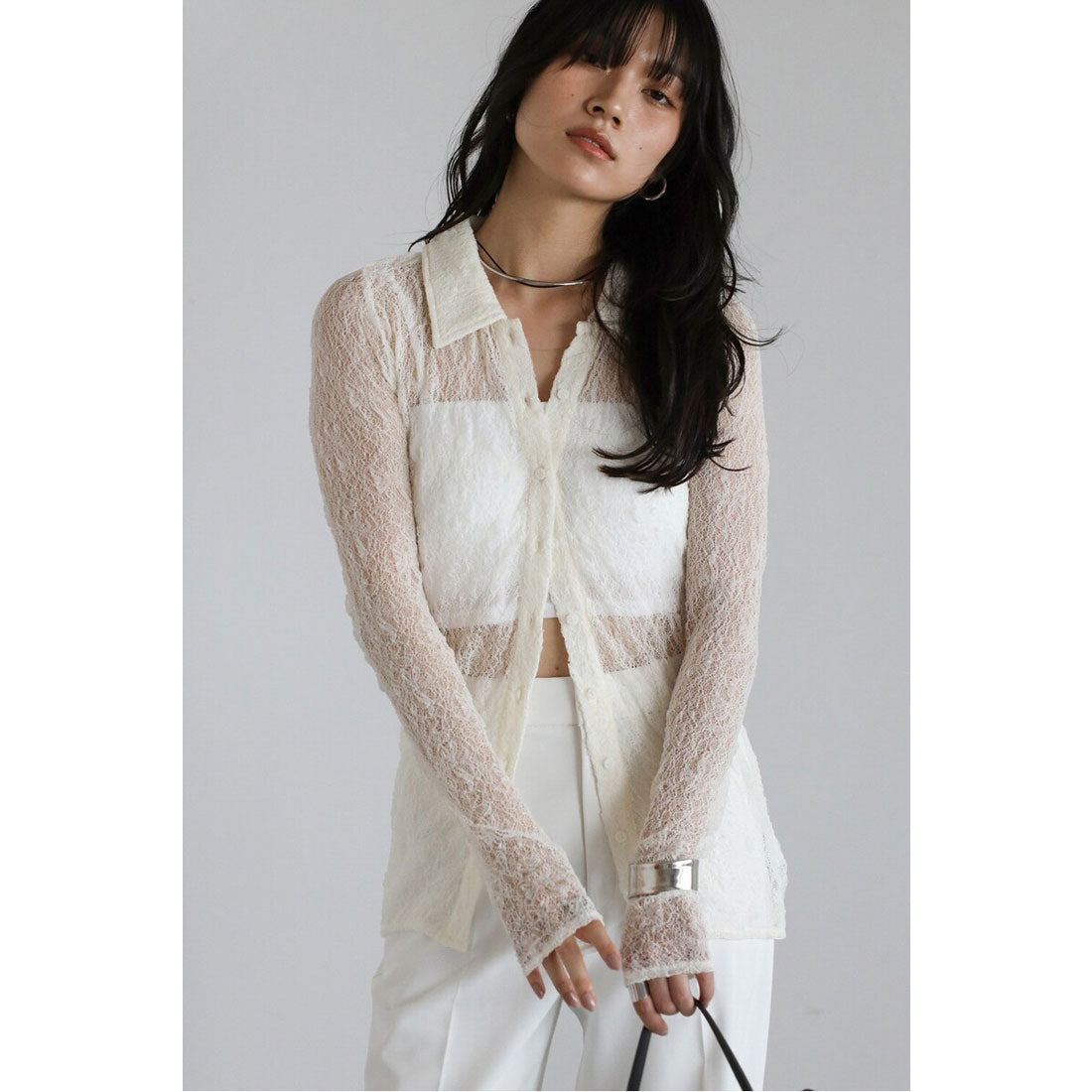 ボンジュールサガン BONJOUR SAGAN sheer stretch lace polo cardigan / シアーストレッチレースポロカーディガン （IVORY） IVORY