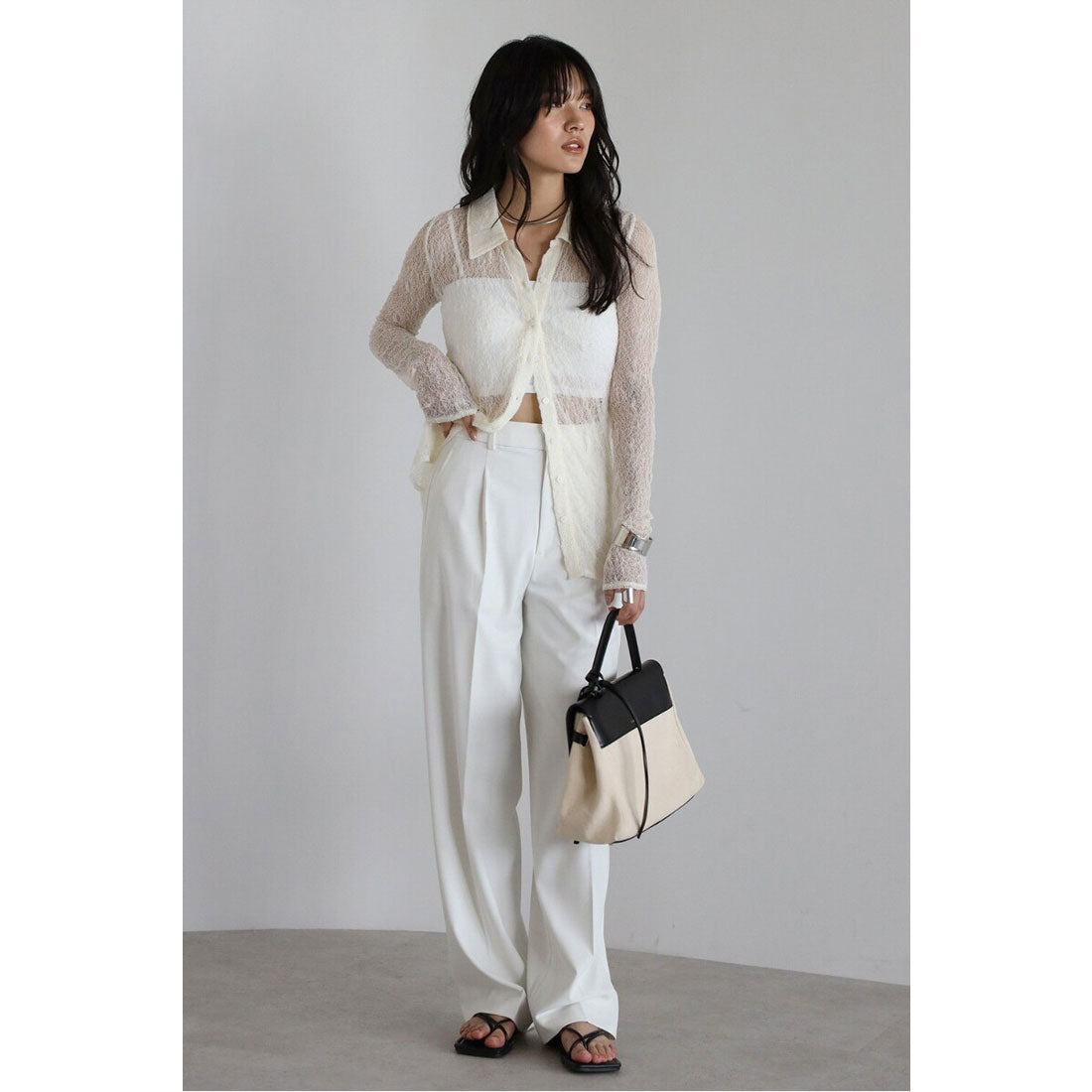 ボンジュールサガン BONJOUR SAGAN sheer stretch lace polo cardigan / シアーストレッチレースポロカーディガン （IVORY） IVORY