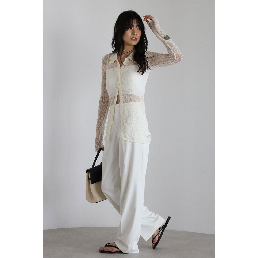 ボンジュールサガン BONJOUR SAGAN sheer stretch lace polo cardigan / シアーストレッチレースポロカーディガン （IVORY） IVORY